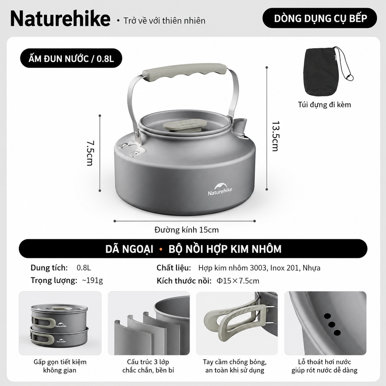 Bộ Nồi Dã Ngoại Naturehike CNK2450CF010 Nhôm 3 Lớp – Bộ Nấu Ăn Camping Gọn Nhẹ, Leo Núi, Cắm Trại