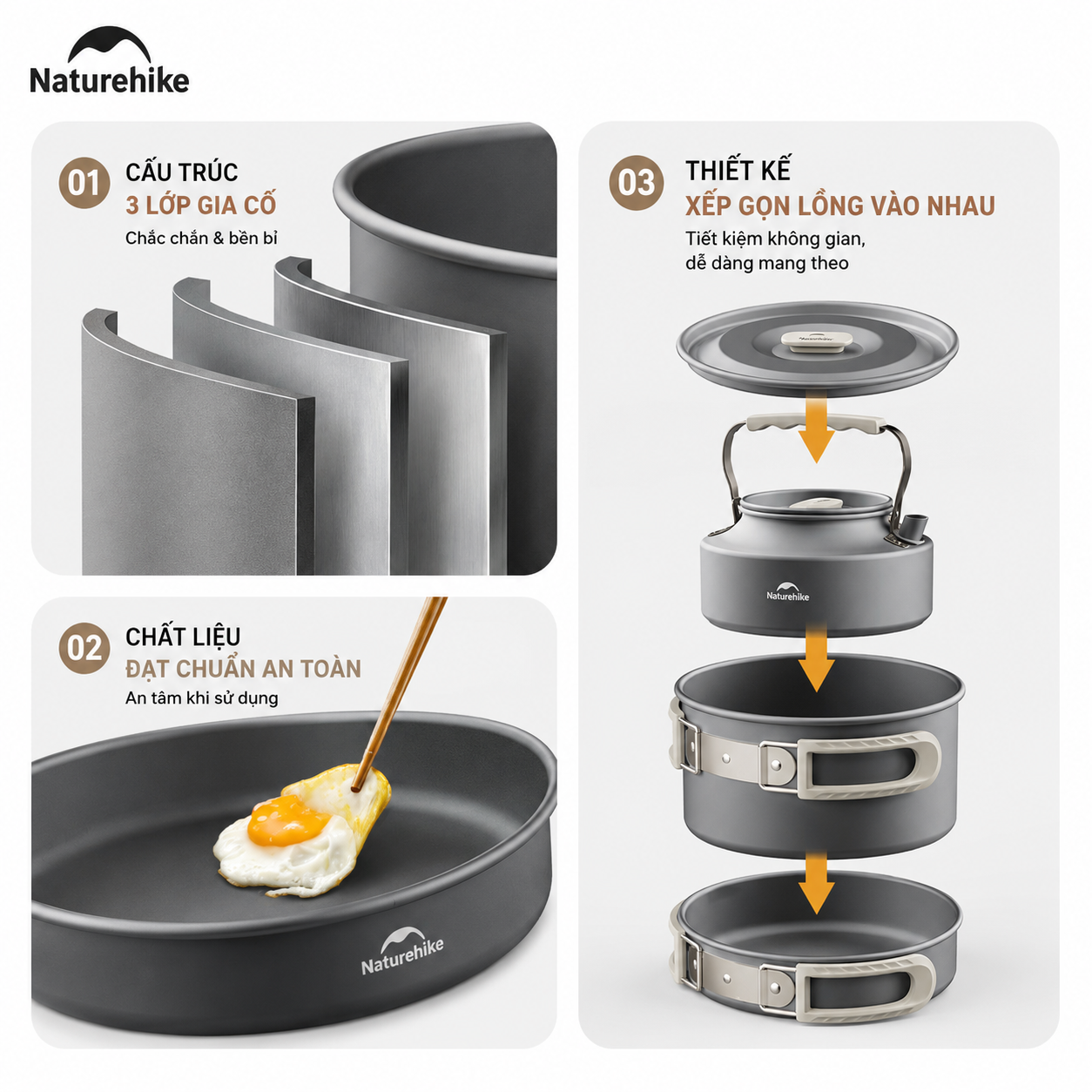 Bộ Nồi Dã Ngoại Naturehike CNK2450CF010 Nhôm 3 Lớp – Bộ Nấu Ăn Camping Gọn Nhẹ, Leo Núi, Cắm Trại