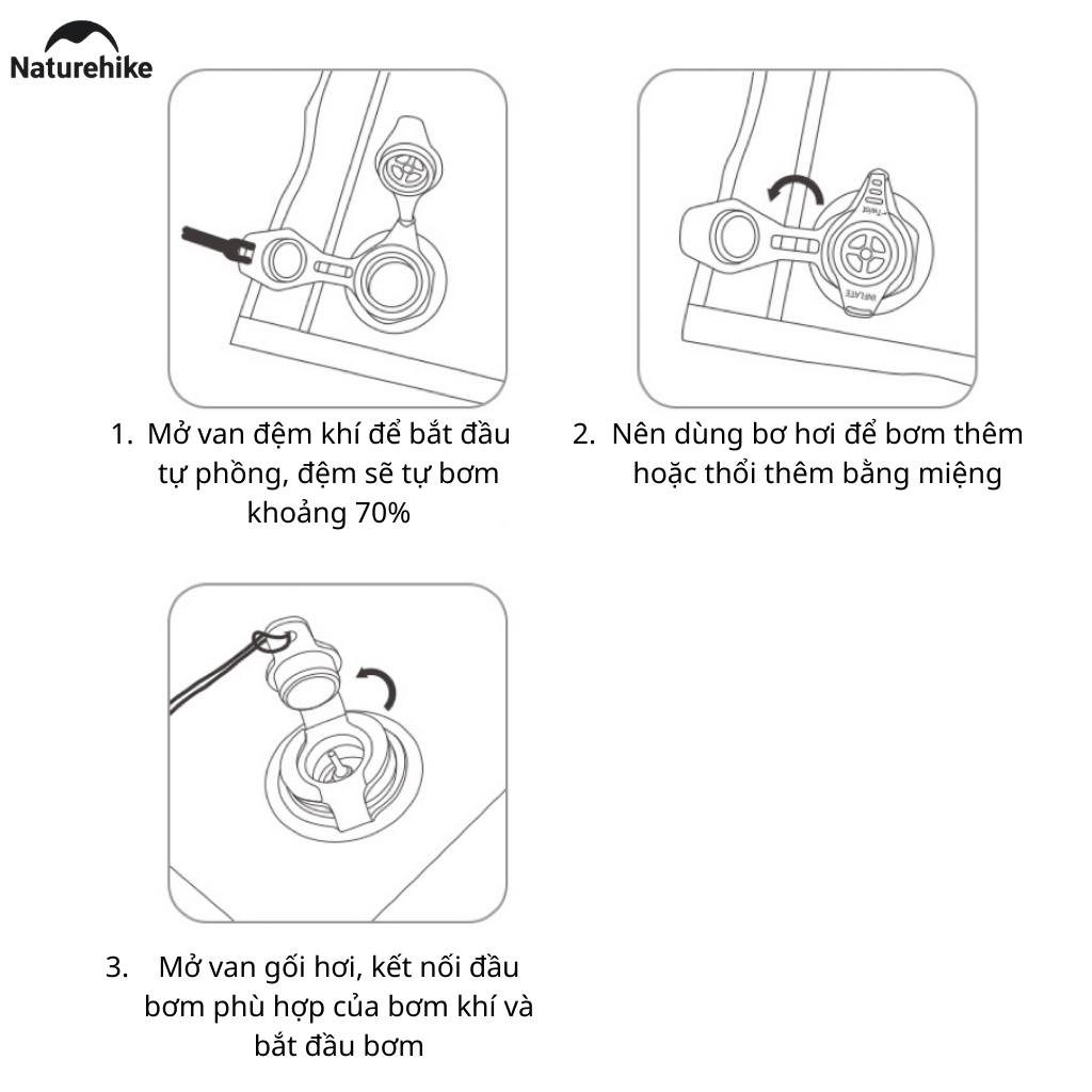 Đệm Hơi Tự Bơm Naturehike CNK2550WS025 Dày 3-6cm – Đệm Camping Gấp Gọn 1-2 Người, Nối Đệm, Van 2in1