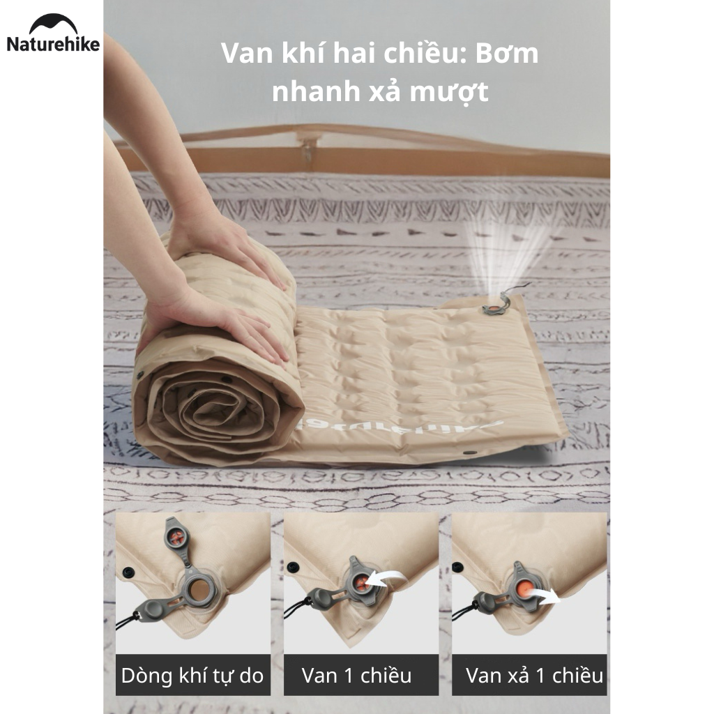 Đệm Hơi Tự Bơm Naturehike CNK2550WS025 Dày 3-6cm – Đệm Camping Gấp Gọn 1-2 Người, Nối Đệm, Van 2in1