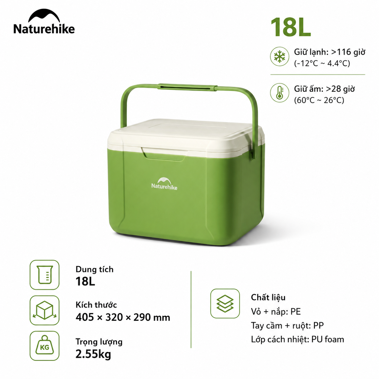 Thùng Đá Mini Naturehike Glamping Ice Cooler CNK2450CF012 18L – Giữ Lạnh 48H, Nhựa PP/PE Cao Cấp