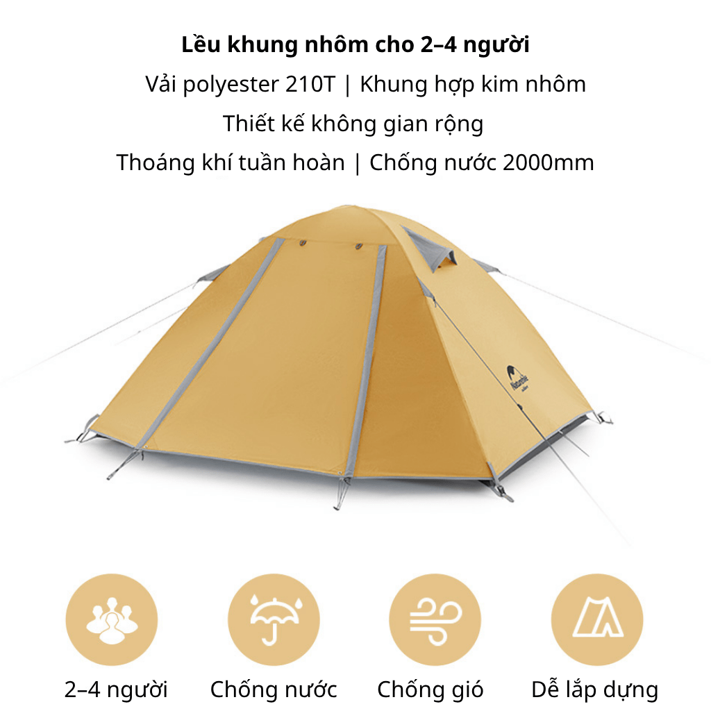 Lều Cắm Trại 2 Người Naturehike NH18Z022-P – Lều 210T Chống Nước 3000mm, Siêu Nhẹ, Trekking/Camping