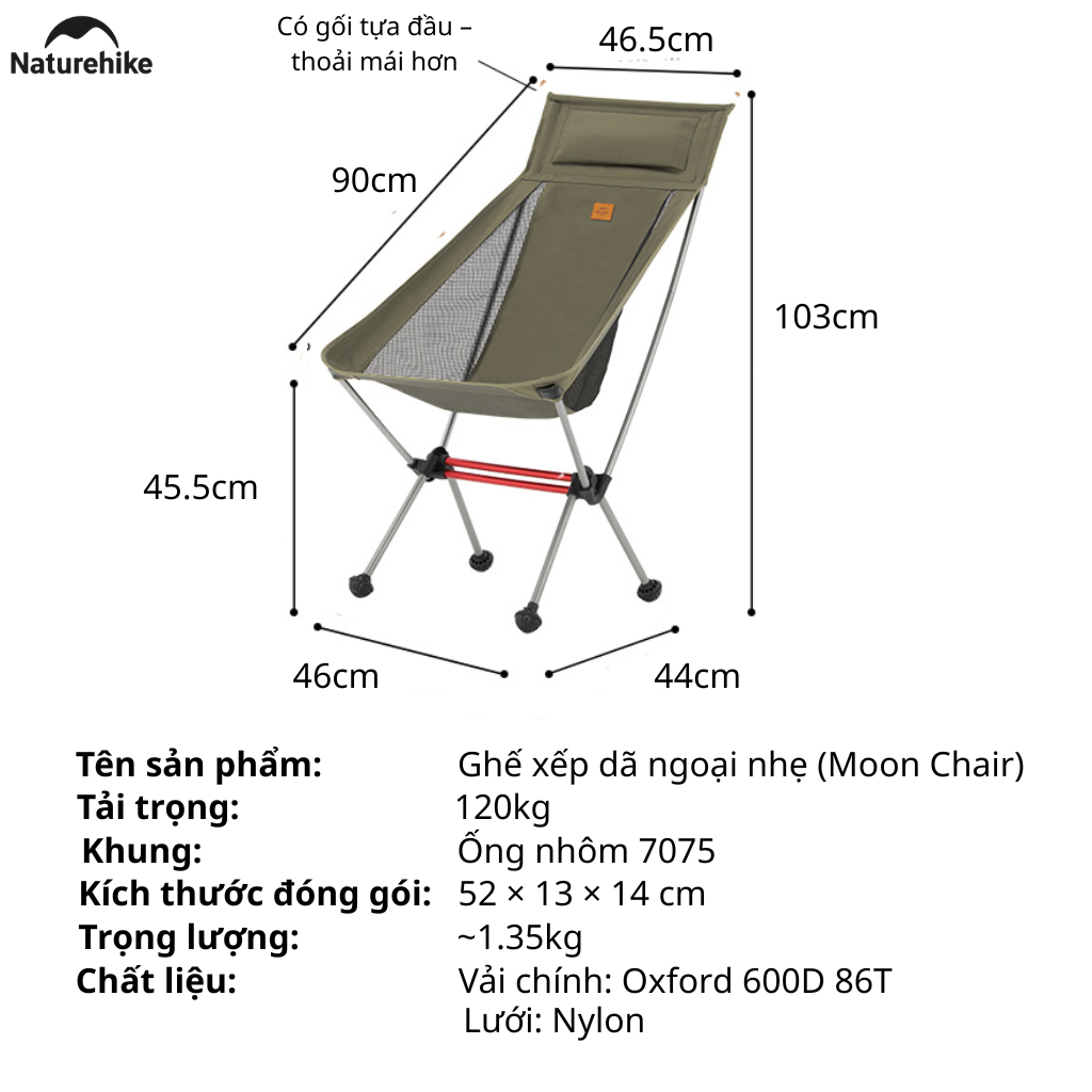 Ghế Cắm Trại Gấp Gọn Naturehike CNK2350JJ018 Moon Chair Siêu Nhẹ 1.35kg, Tải 120kg, Khung Nhôm 7075