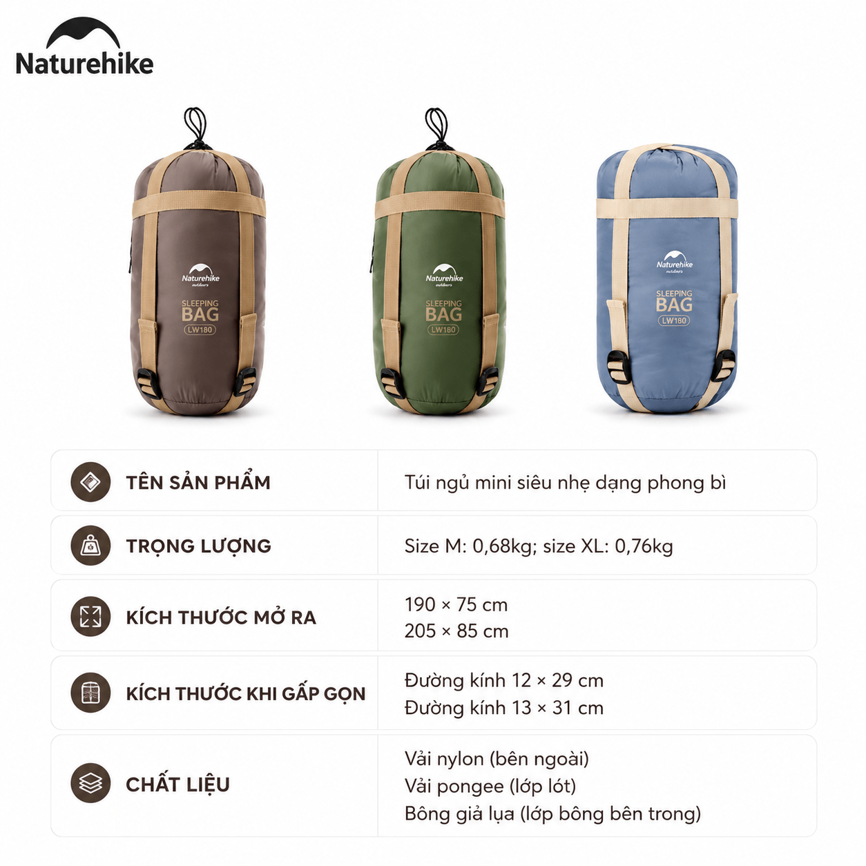 Túi Ngủ Naturehike LW180 NH21MSD09 Siêu Nhẹ – Túi Ngủ Camping 1 Người, Gấp Gọn, Giữ Ấm 15°C