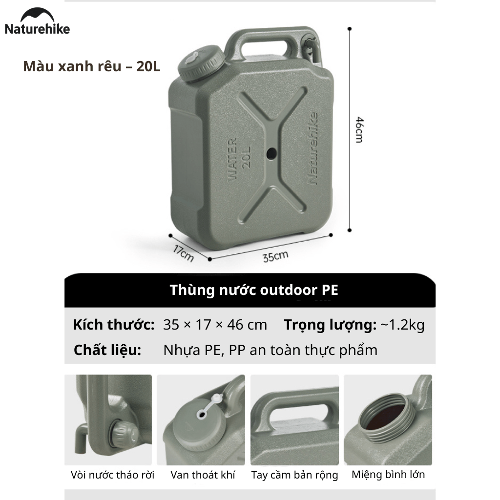 Can Nước Dã Ngoại Naturehike CNH22CJ018 Bình Đựng Nước Camping Có Van Xả Tiện Lợi Nhựa PP PE An Toàn