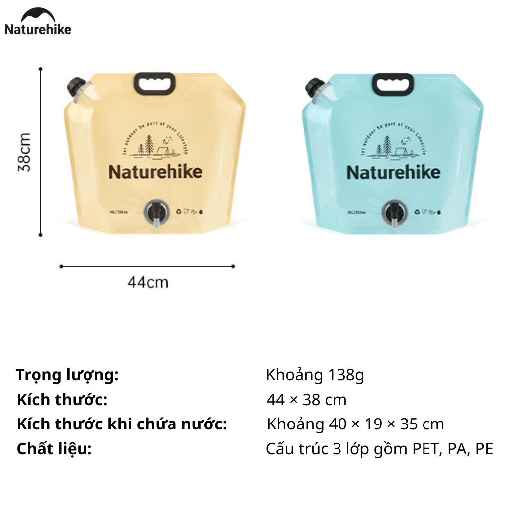 Túi Đựng Nước Gấp Gọn Naturehike 10L Có Vòi Siêu Nhẹ, Chống Rò Rỉ, Dùng Cắm Trại/Trekking