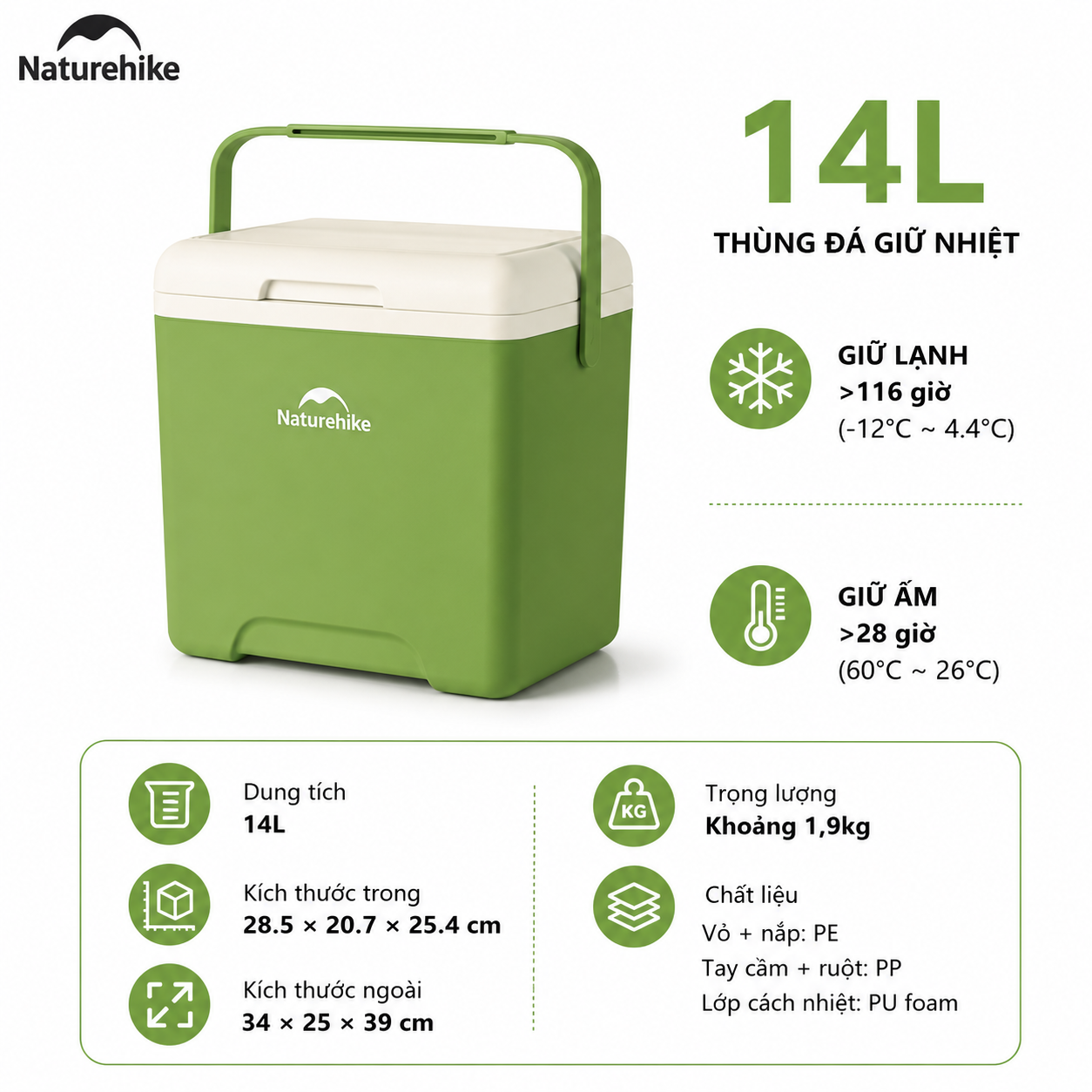 Thùng Đá Mini Naturehike Glamping Ice Cooler CNK2450CF012 18L – Giữ Lạnh 48H, Nhựa PP/PE Cao Cấp