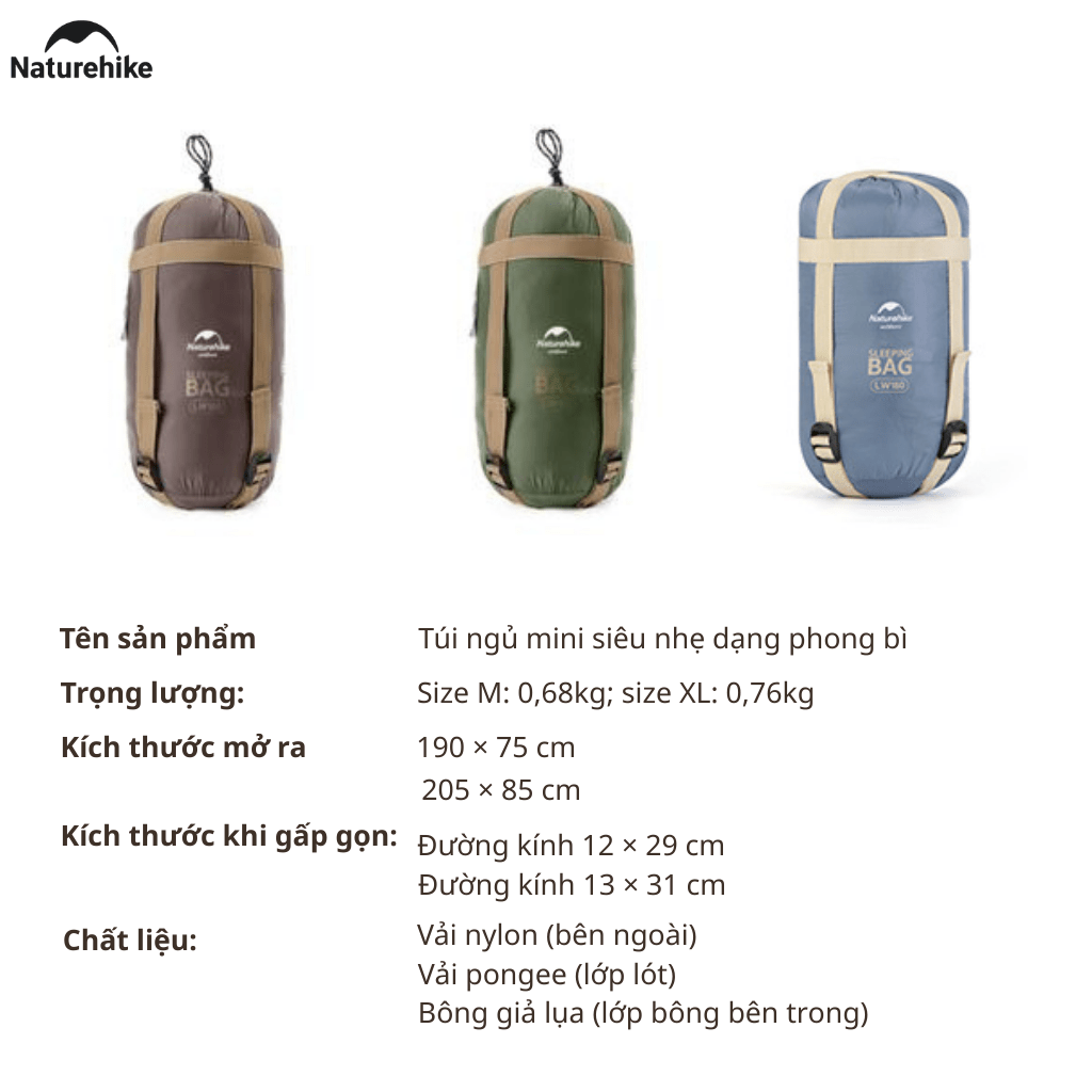 Túi Ngủ Naturehike LW180 NH21MSD09 Siêu Nhẹ – Túi Ngủ Camping 1 Người, Gấp Gọn, Giữ Ấm 15°C