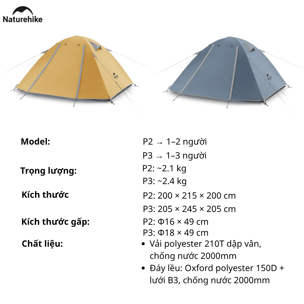 Lều Cắm Trại 2 Người Naturehike NH18Z022-P – Lều 210T Chống Nước 3000mm, Siêu Nhẹ, Trekking/Camping