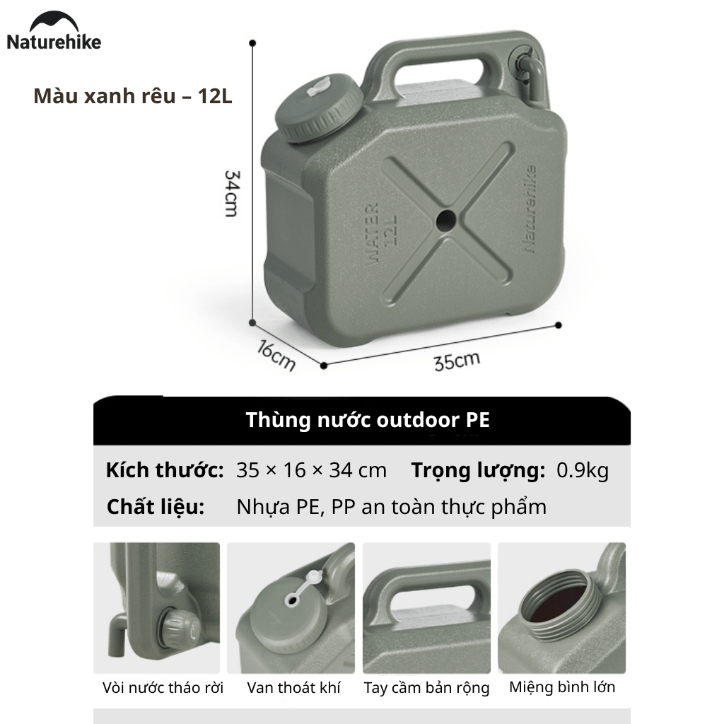Can Nước Dã Ngoại Naturehike CNH22CJ018 Bình Đựng Nước Camping Có Van Xả Tiện Lợi Nhựa PP PE An Toàn