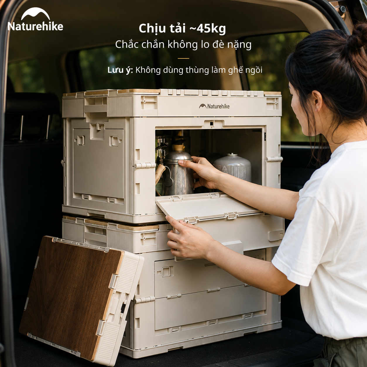 Thùng nhựa đựng đồ cắm trại xếp gọn kèm mặt giả gỗ NatureHike CNK2450XB020