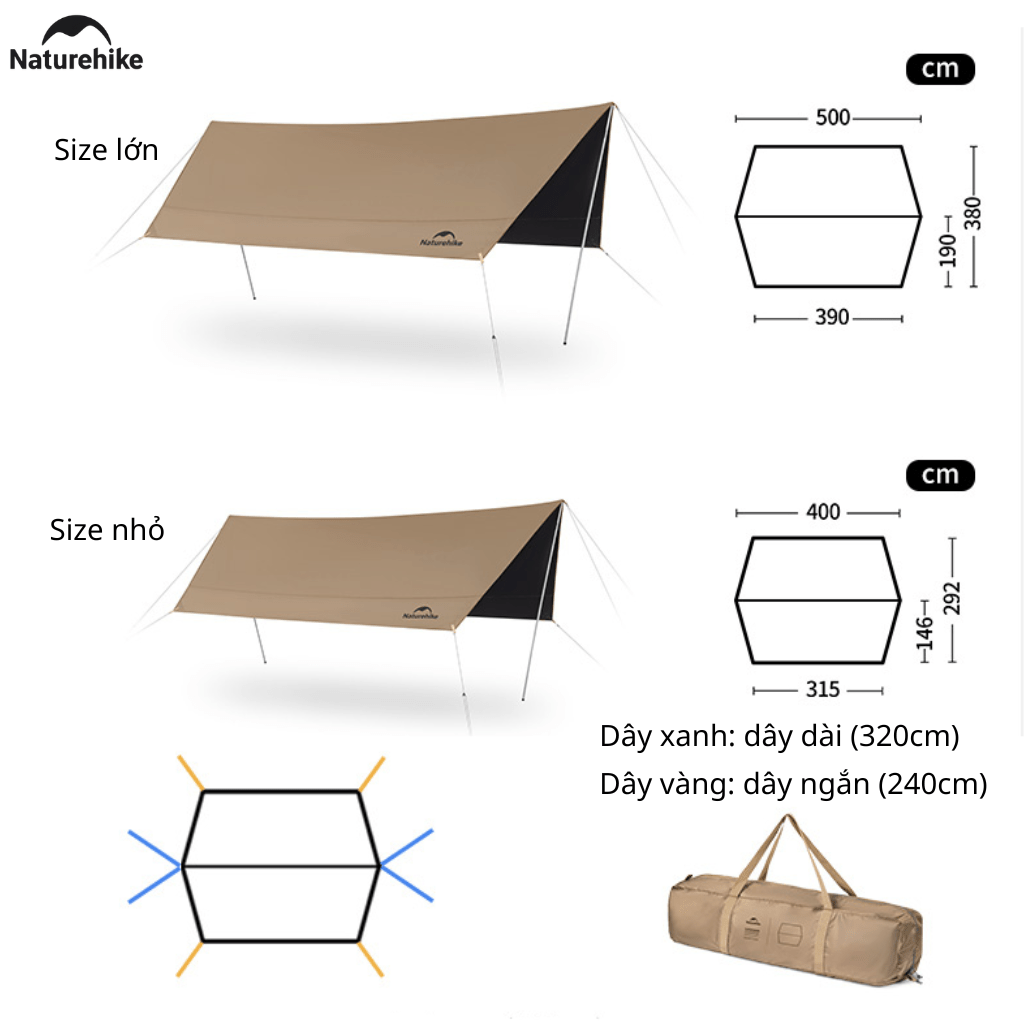 Tăng Che Nắng Mưa Naturehike CNK2350WS015 – Tarp Camping Phủ Vinyl 150D, Mái Che Dã Ngoại Gấp Gọn