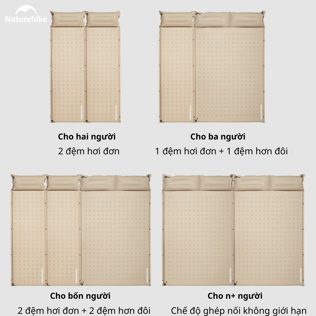 Đệm Hơi Tự Bơm Naturehike CNK2550WS025 Dày 3-6cm – Đệm Camping Gấp Gọn 1-2 Người, Nối Đệm, Van 2in1