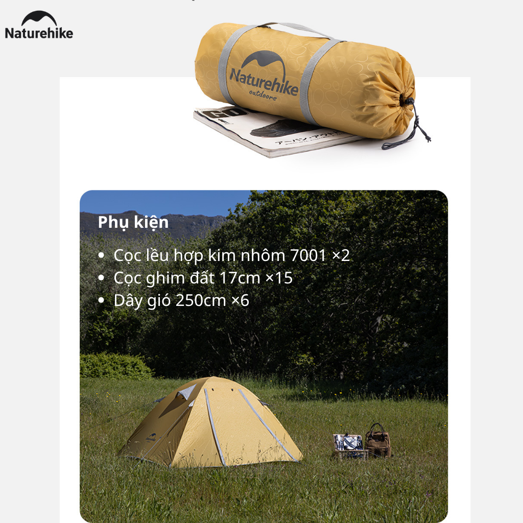Lều Cắm Trại 2 -3 Người Naturehike NH18Z022-P – Lều 210T Chống Nước 3000mm, Siêu Nhẹ, Trekking/Camping