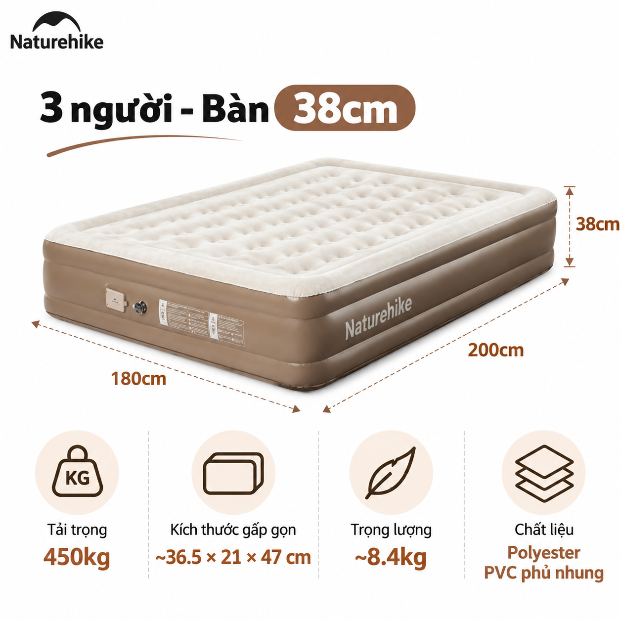 Đệm Hơi Naturehike Tích Hợp Bơm Điện – Nệm Hơi Camping, Giường Hơi Gấp Gọn CNK2550WS013