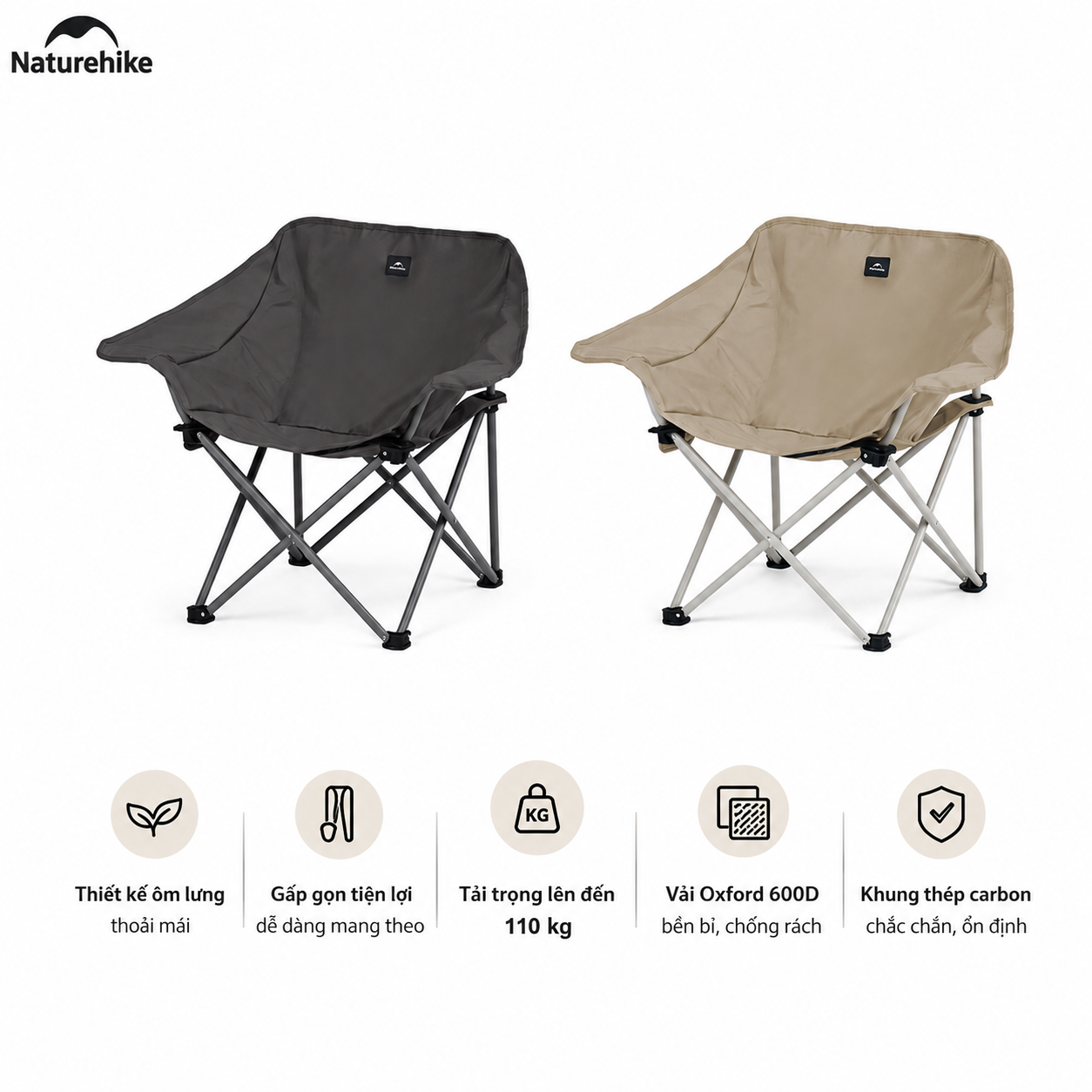 Ghế mặt trăng xếp thư giãn có tay dựa Naturehike Armrest Moon Chair CNH23JU13002 – Xám