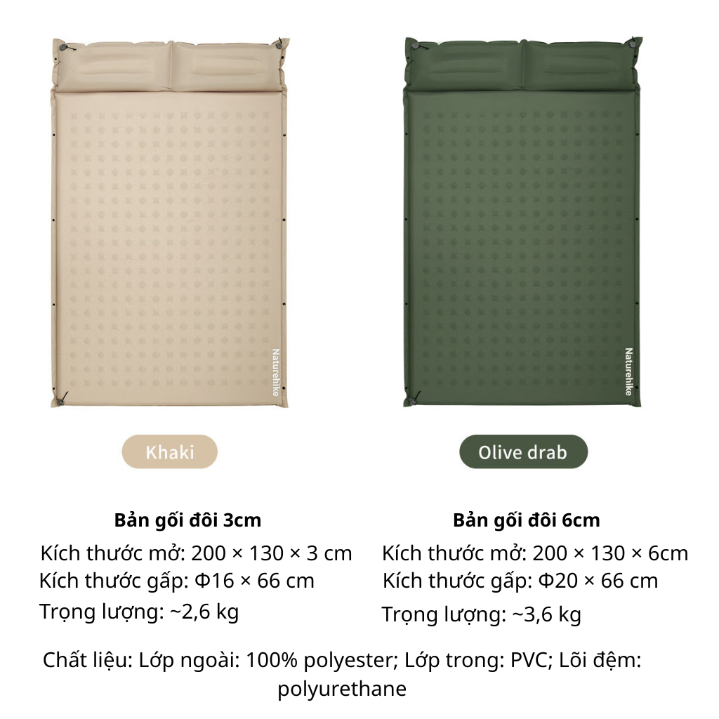 Đệm Hơi Tự Bơm Naturehike CNK2550WS025 Dày 3-6cm – Đệm Camping Gấp Gọn 1-2 Người, Nối Đệm, Van 2in1