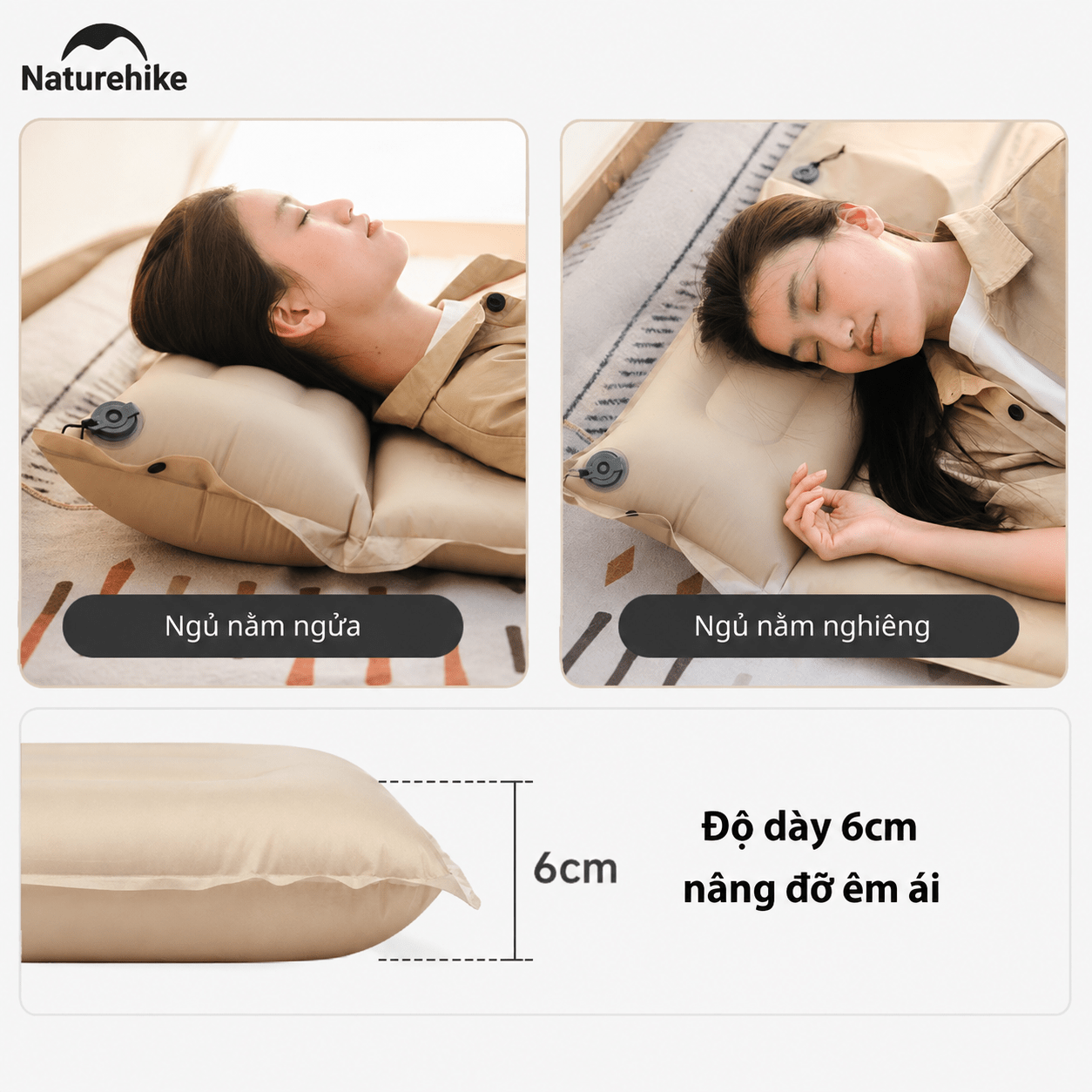 Đệm Hơi Tự Bơm Naturehike CNK2550WS025 Dày 3-6cm – Đệm Camping Gấp Gọn 1-2 Người, Nối Đệm, Van 2in1