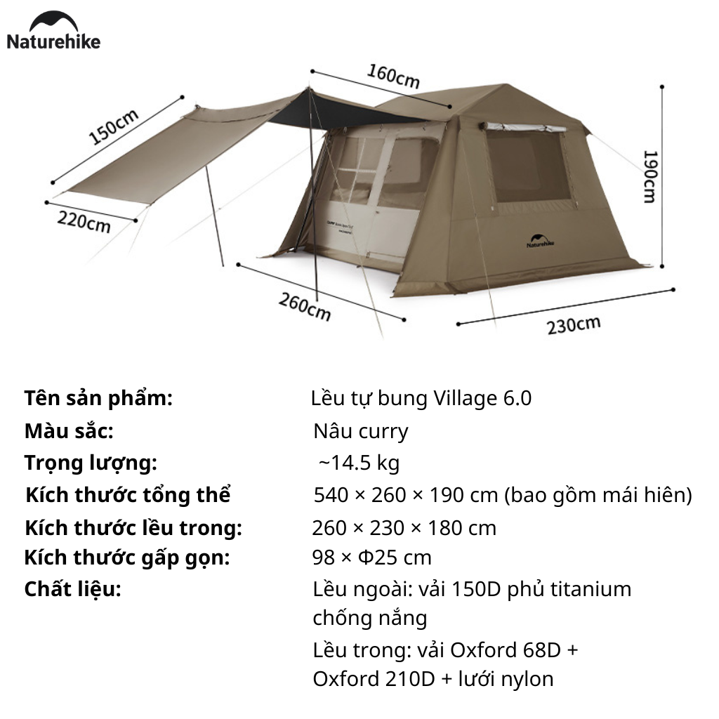 Lều Naturehike CNK2300ZP021 4-6 Người – Lều Ngôi Nhà Chống Nóng Ti-Black, Lều Glamping Cao Cấp (Bản thường)