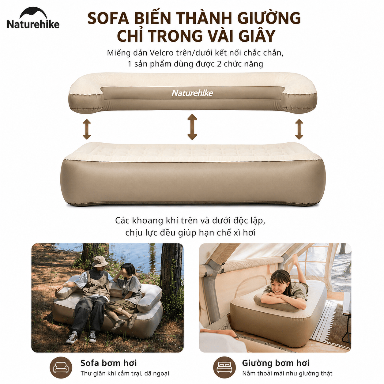 Naturehike NH22FCD06 - Ghế Sofa Hơi, thiết kế biến đổi thành Nệm Hơi Camping 2in1 đa năng, Chịu Tải 200kg