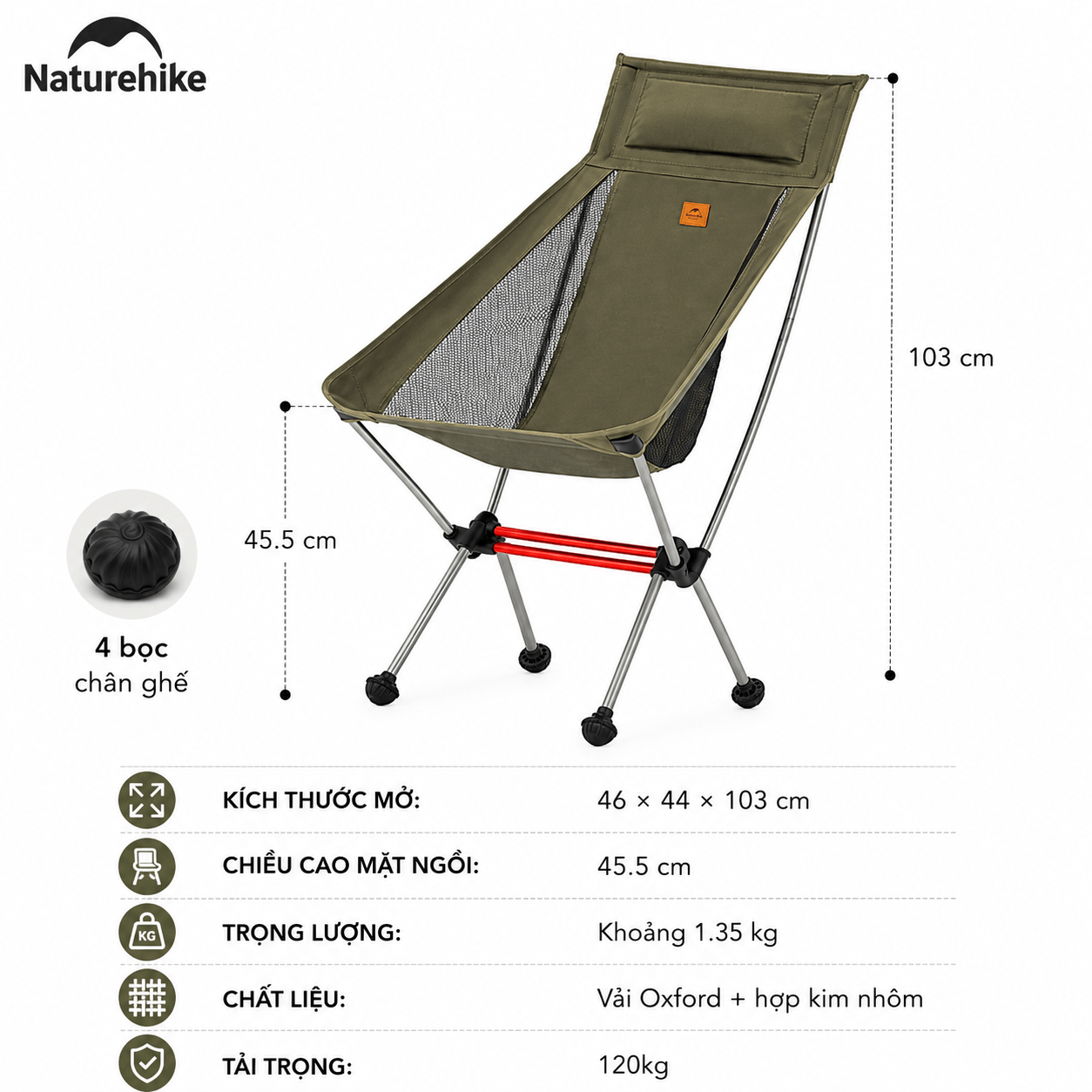 Ghế Cắm Trại Gấp Gọn Naturehike CNK2350JJ018 Moon Chair Siêu Nhẹ 1.35kg, Tải 120kg, Khung Nhôm 7075