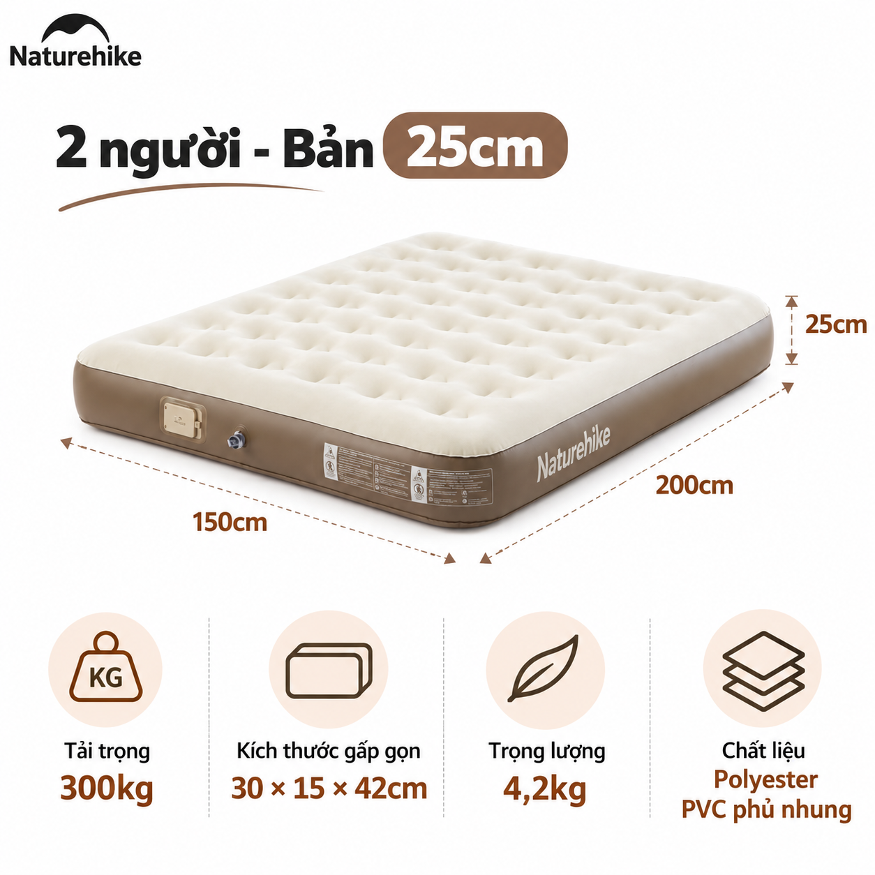 Đệm Hơi Naturehike Tích Hợp Bơm Điện – Nệm Hơi Camping, Giường Hơi Gấp Gọn CNK2550WS013