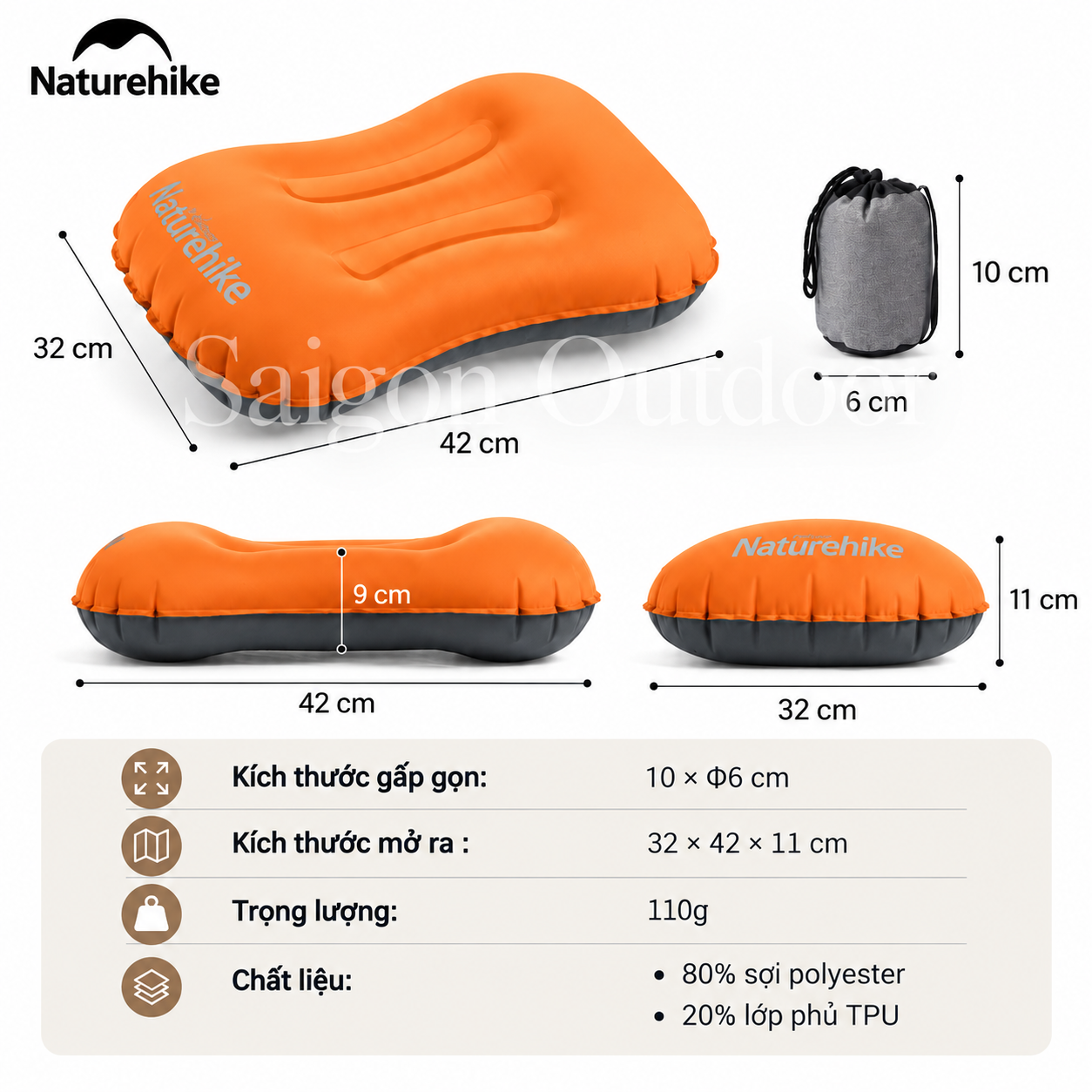 Gối Hơi Du Lịch Naturehike – Gối Thổi Hơi Siêu Nhẹ, Kê Cổ/Tựa Lưng, Gấp Gọn 85g NH17T013-Z