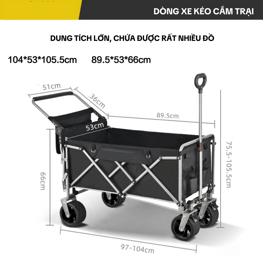 Xe Kéo Cắm Trại Gấp Gọn Đa Năng 4 Bánh Có Tay Đẩy – Xe Chở Đồ Du Lịch, Đi Chợ, Picnic Tải Trọng Lớn