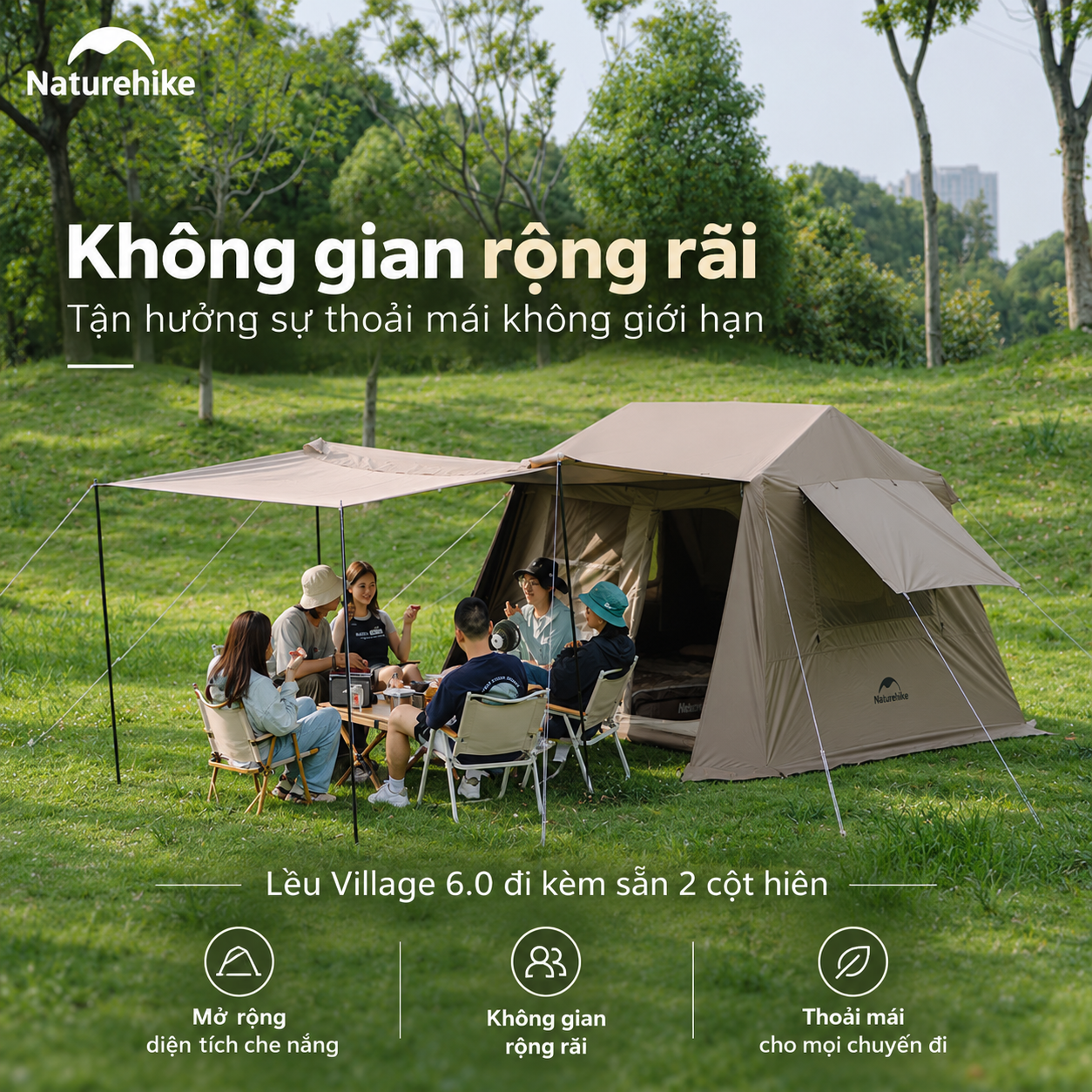 Naturehike Lều Village 6.0 tự bung cao cấp, thiết kế mái che lớn, Lều 2 lớp phủ titanium chống nắng tốt (TẶNG KÈM THẢM LÓT) CNK2300ZP021