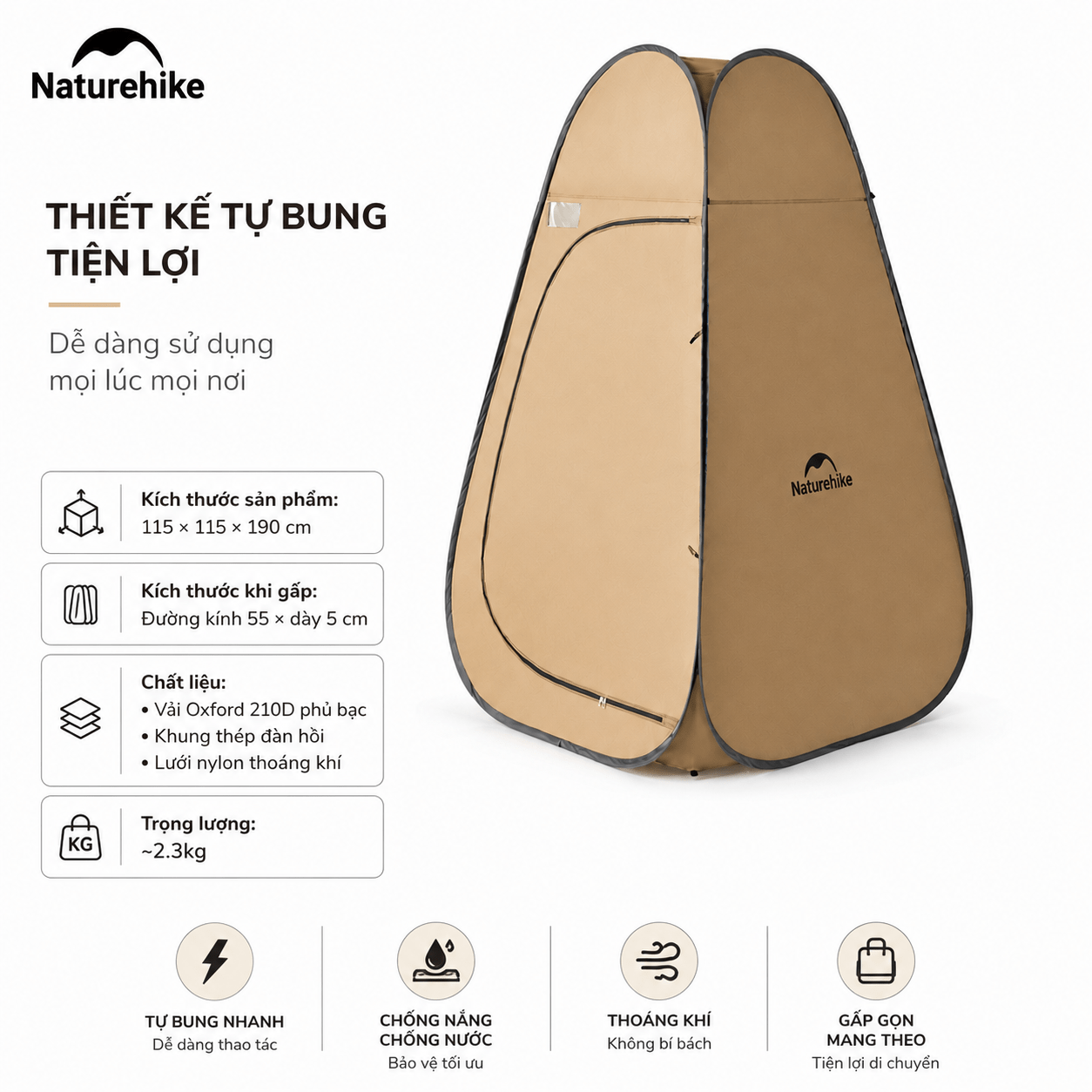 Lều Tắm Thay Đồ Naturehike NH17Z002-P – Lều Vệ Sinh Di Động, Chống Nước 2000mm, Dã Ngoại/Cắm Trại