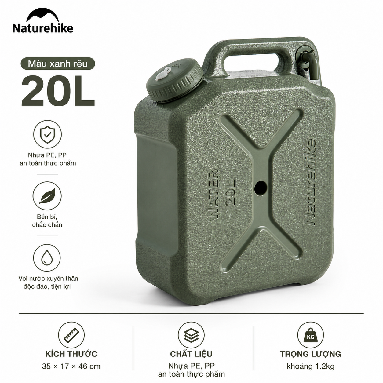 Can Nước Dã Ngoại Naturehike CNH22CJ018 Bình Đựng Nước Camping Có Van Xả Tiện Lợi Nhựa PP PE An Toàn