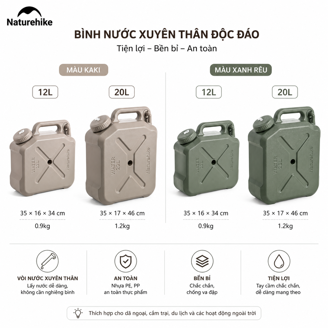 Can Nước Dã Ngoại Naturehike CNH22CJ018 Bình Đựng Nước Camping Có Van Xả Tiện Lợi Nhựa PP PE An Toàn