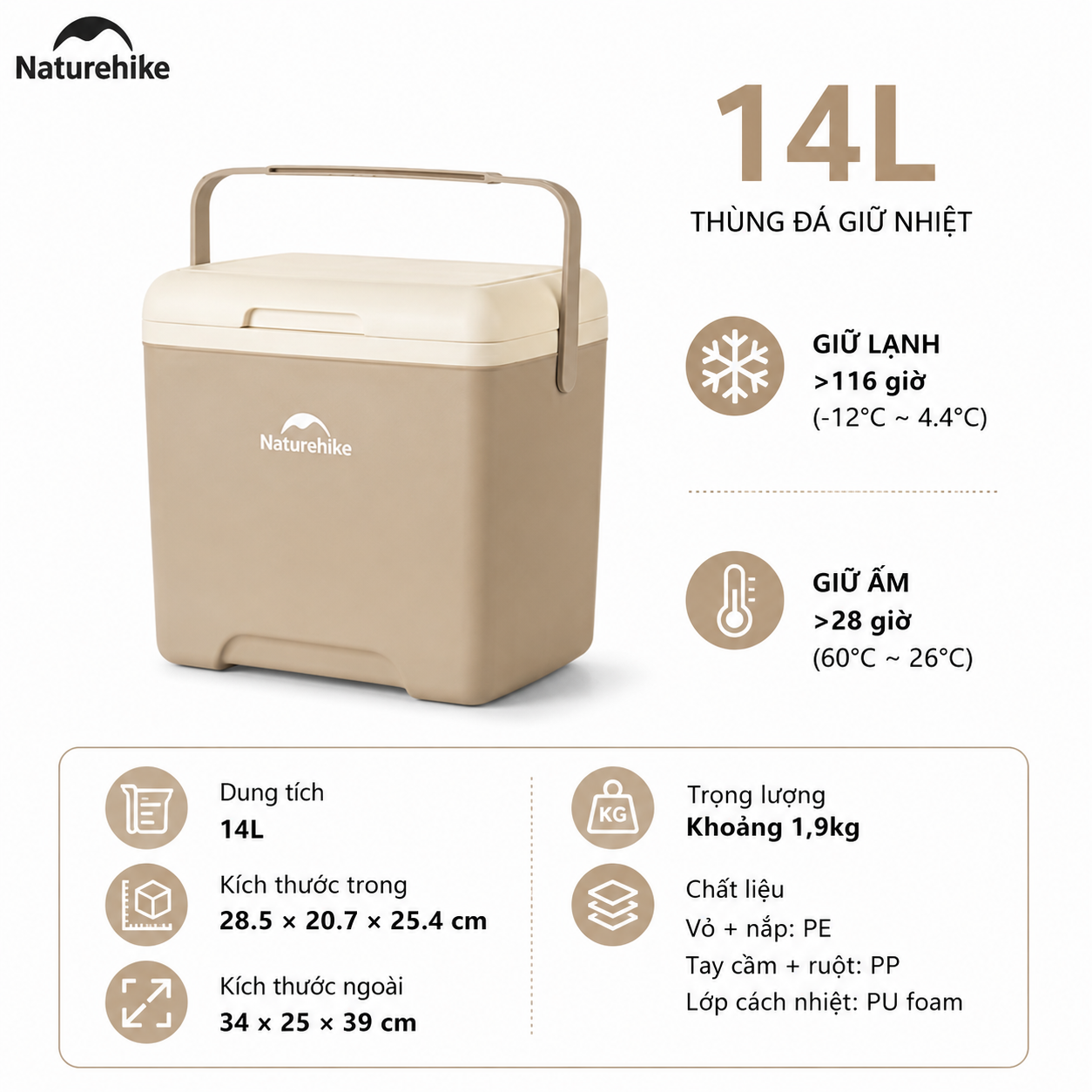 Thùng Đá Mini Naturehike Glamping Ice Cooler CNK2450CF012 18L – Giữ Lạnh 48H, Nhựa PP/PE Cao Cấp