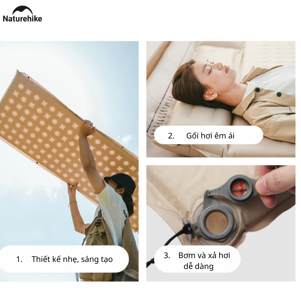 Đệm Hơi Tự Bơm Naturehike CNK2550WS025 Dày 3-6cm – Đệm Camping Gấp Gọn 1-2 Người, Nối Đệm, Van 2in1