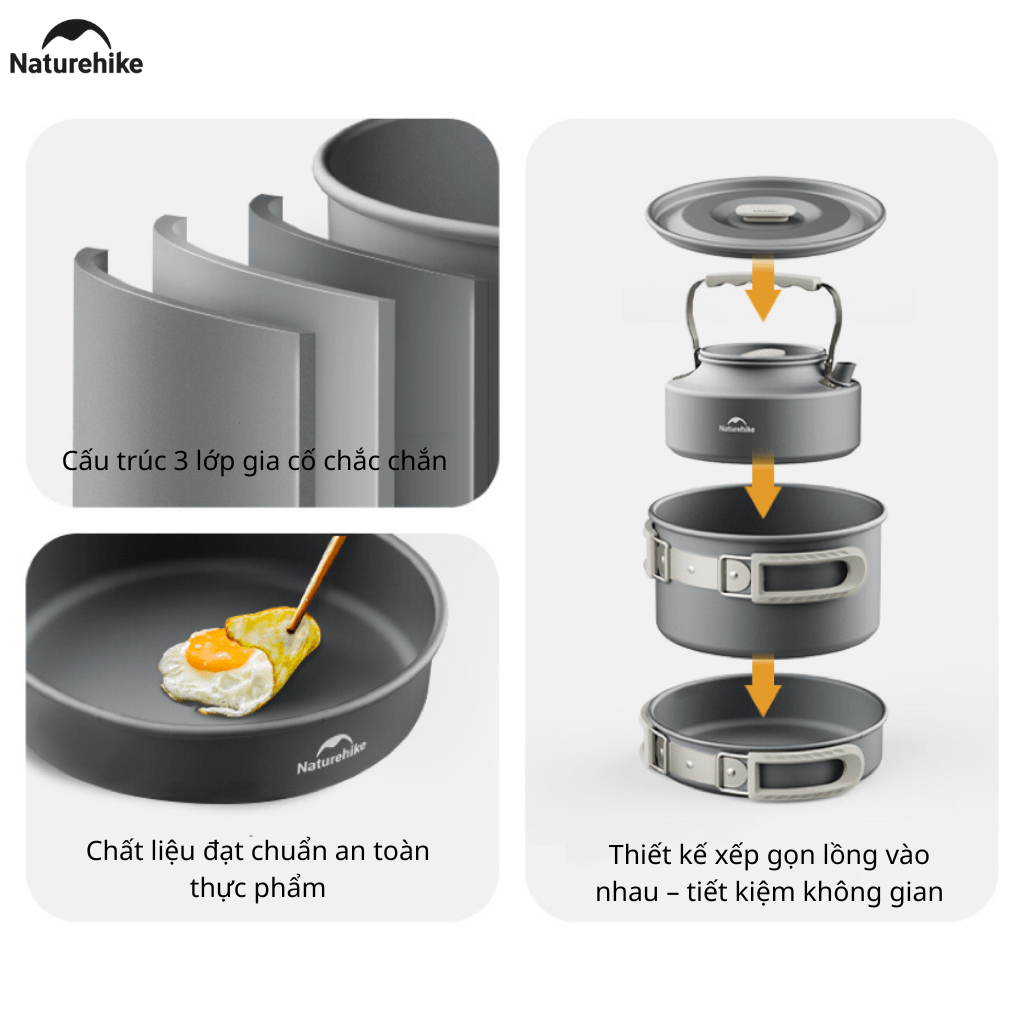 Bộ Nồi Dã Ngoại Naturehike CNK2450CF010 Nhôm 3 Lớp – Bộ Nấu Ăn Camping Gọn Nhẹ, Leo Núi, Cắm Trại