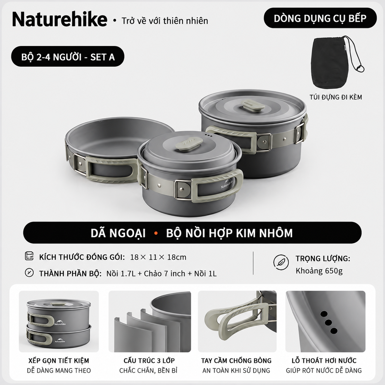 Bộ Nồi Dã Ngoại Naturehike CNK2450CF010 Nhôm 3 Lớp – Bộ Nấu Ăn Camping Gọn Nhẹ, Leo Núi, Cắm Trại
