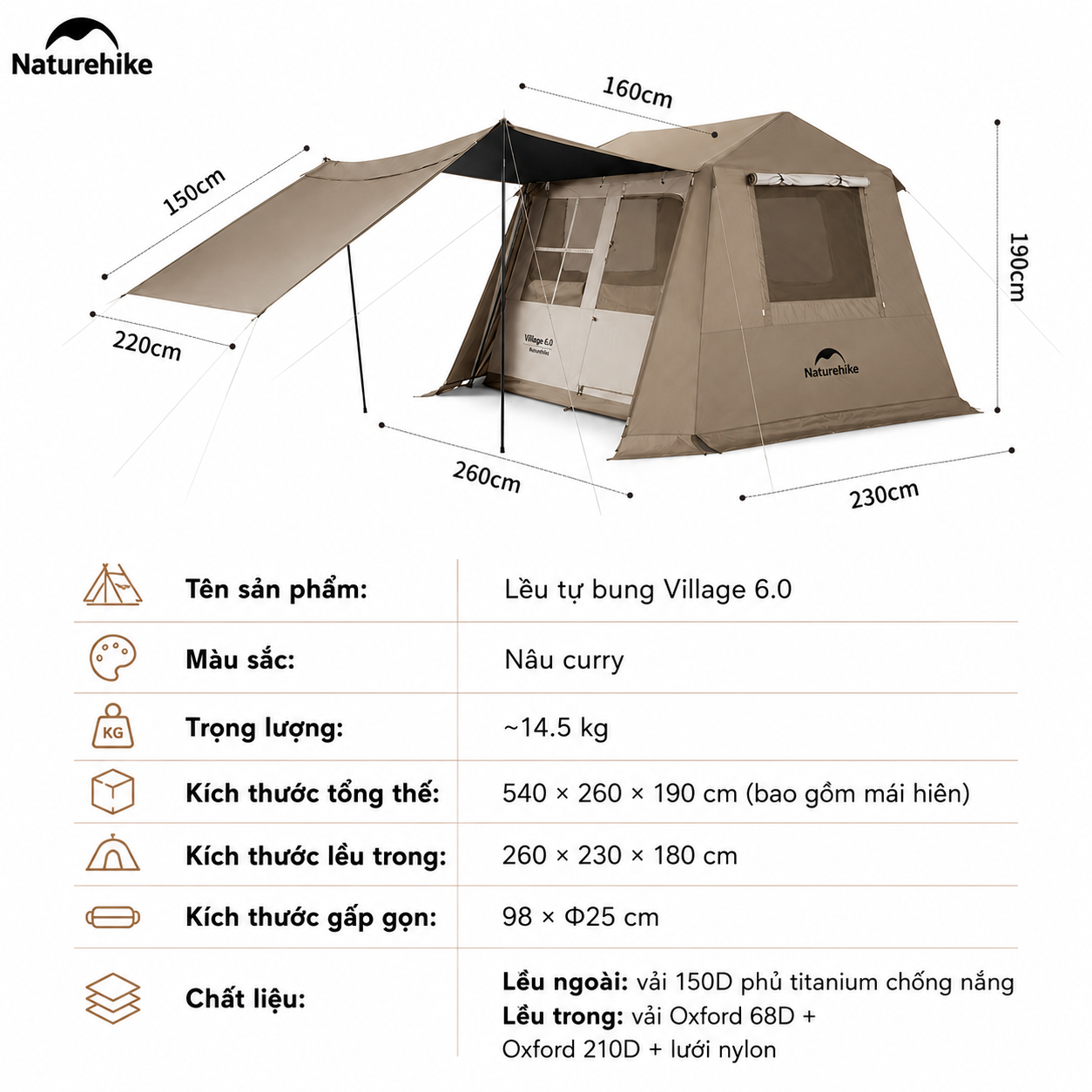 Naturehike Lều Village 6.0 tự bung cao cấp, thiết kế mái che lớn, Lều 2 lớp phủ titanium chống nắng tốt (TẶNG KÈM THẢM LÓT) CNK2300ZP021