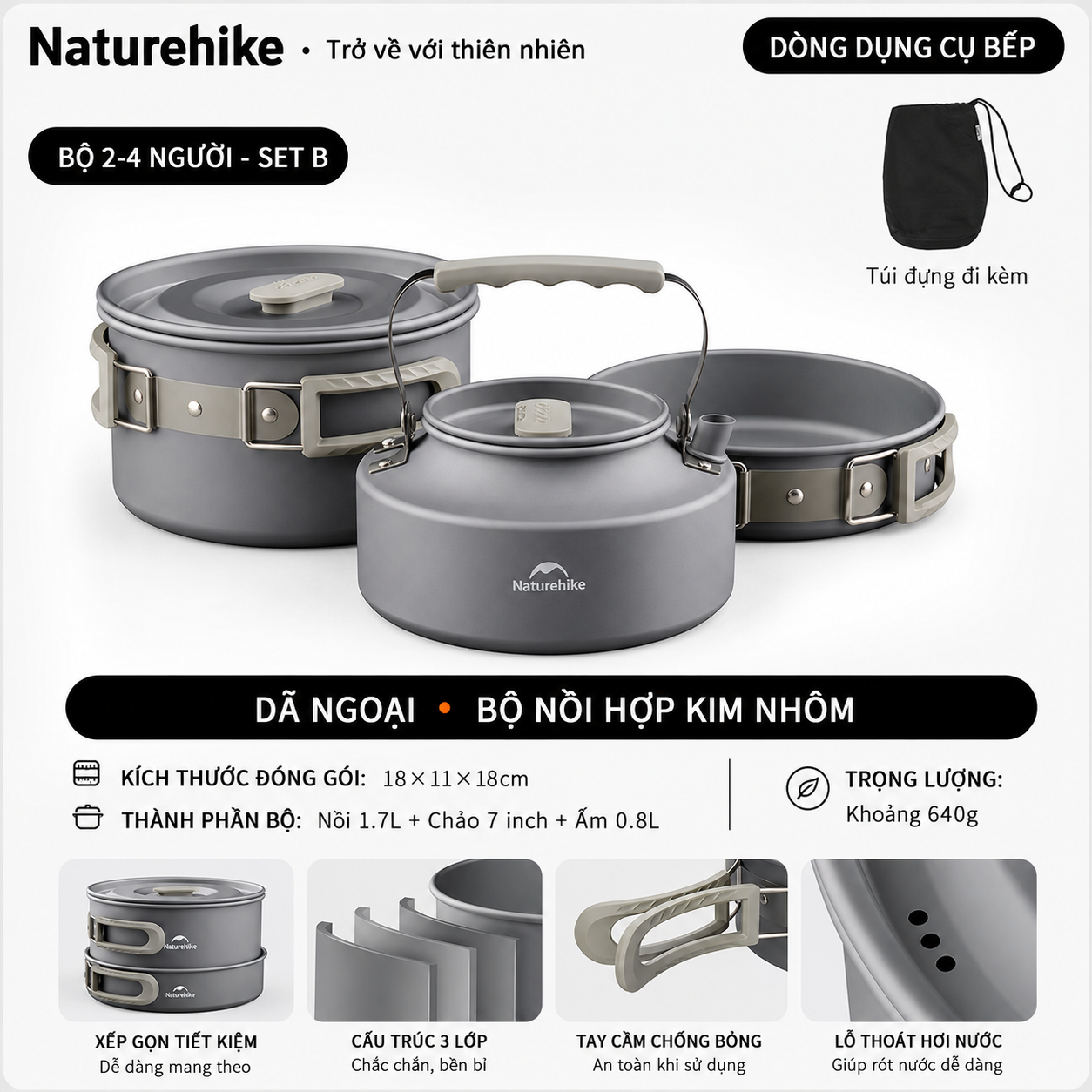 Bộ Nồi Dã Ngoại Naturehike CNK2450CF010 Nhôm 3 Lớp – Bộ Nấu Ăn Camping Gọn Nhẹ, Leo Núi, Cắm Trại