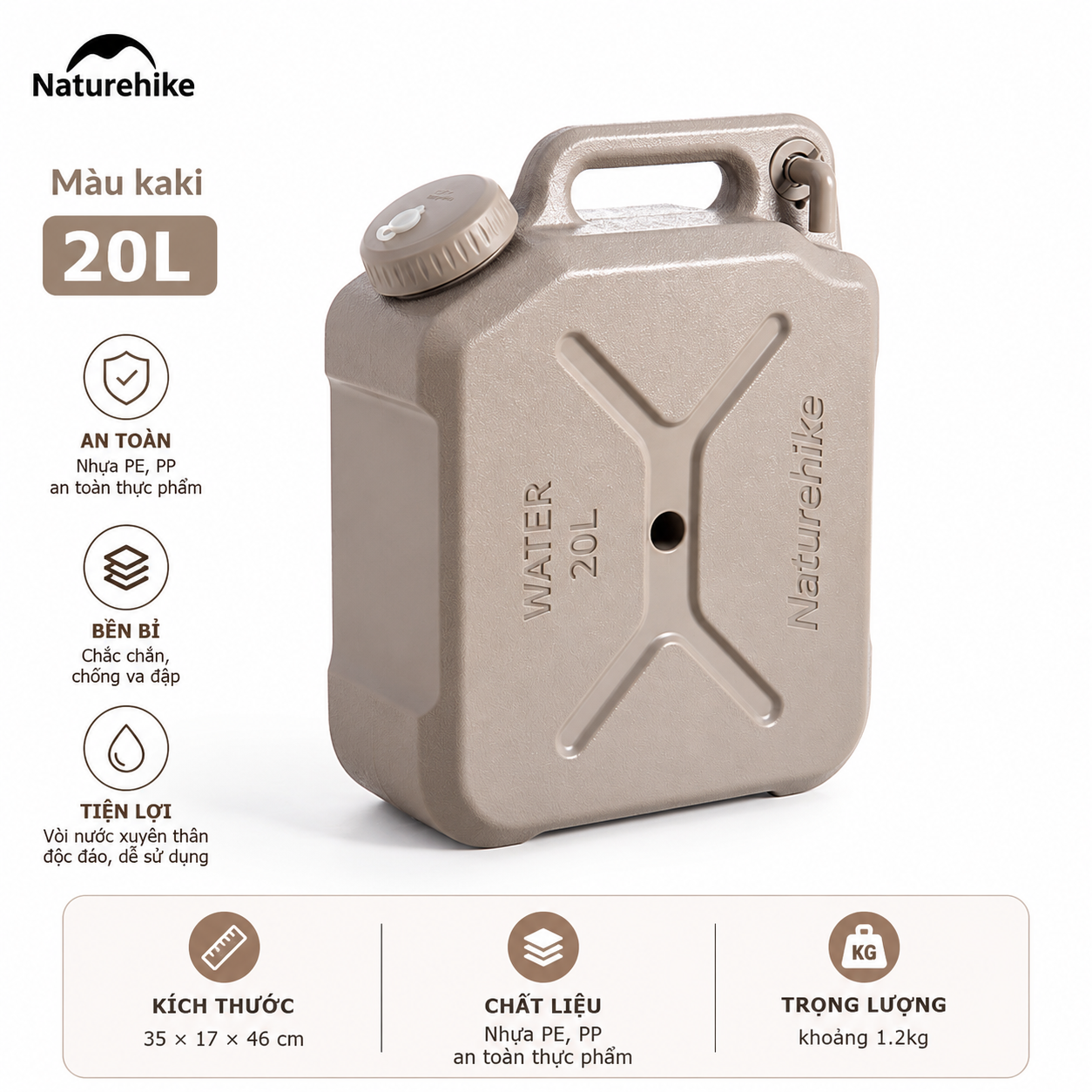 Can Nước Dã Ngoại Naturehike CNH22CJ018 Bình Đựng Nước Camping Có Van Xả Tiện Lợi Nhựa PP PE An Toàn