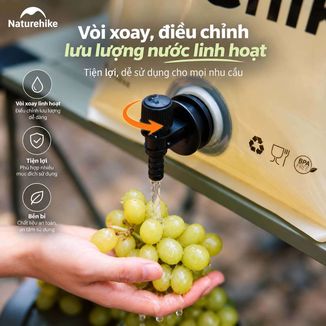 Túi Đựng Nước Gấp Gọn Naturehike 10L Có Vòi Siêu Nhẹ, Chống Rò Rỉ, Dùng Cắm Trại/Trekking