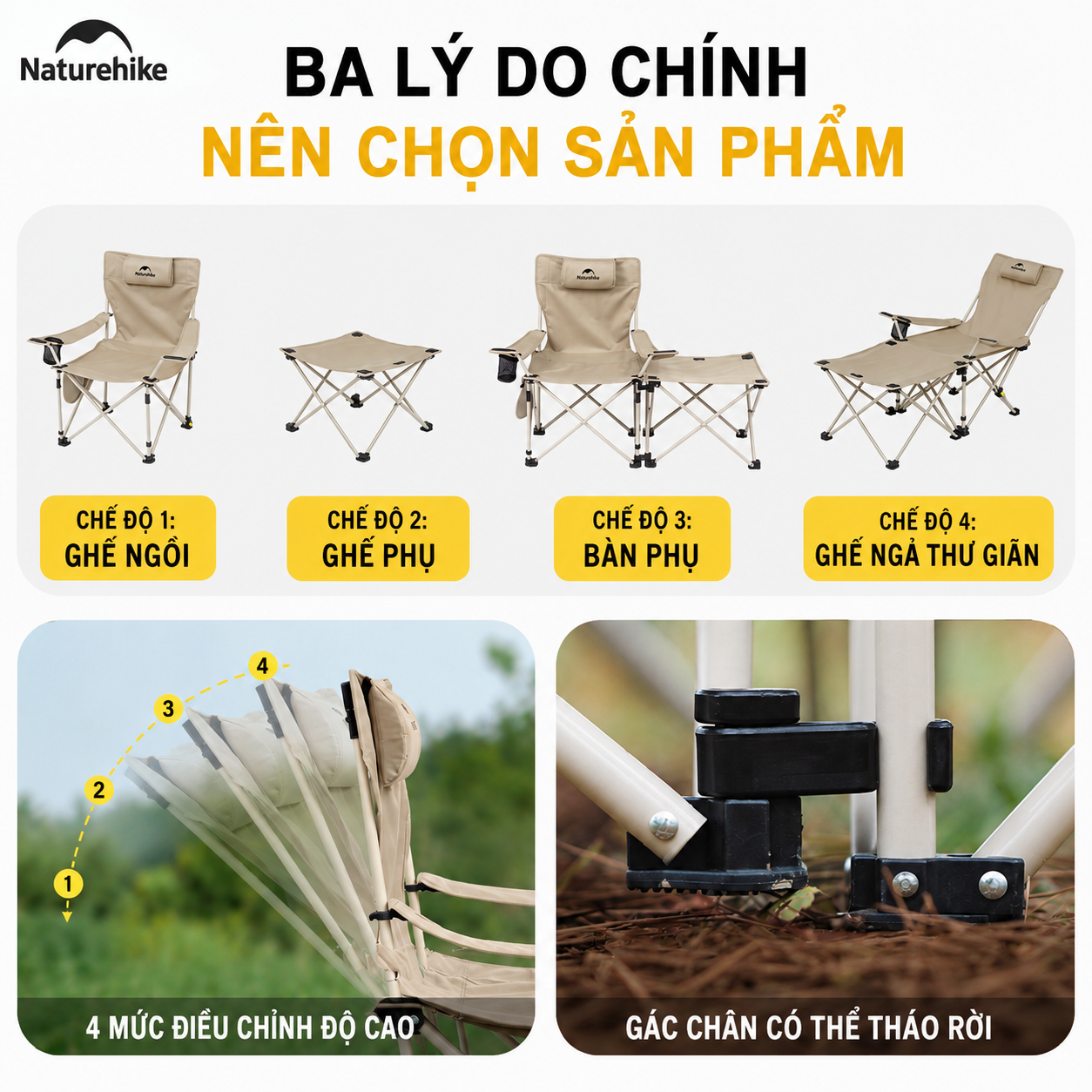 Ghế Xếp Dã Ngoại 2in1 Naturehike CNK2350JJ011 – Ghế Camping Đa Năng, Có Gác Chân, Gấp Gọn Tiện Lợi