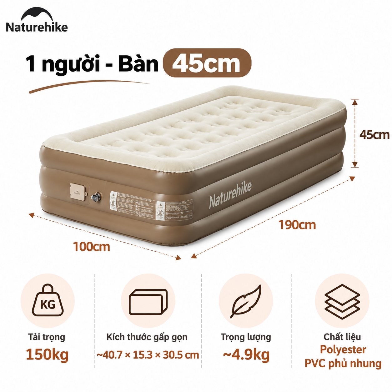 Đệm Hơi Naturehike Tích Hợp Bơm Điện – Nệm Hơi Camping, Giường Hơi Gấp Gọn CNK2550WS013