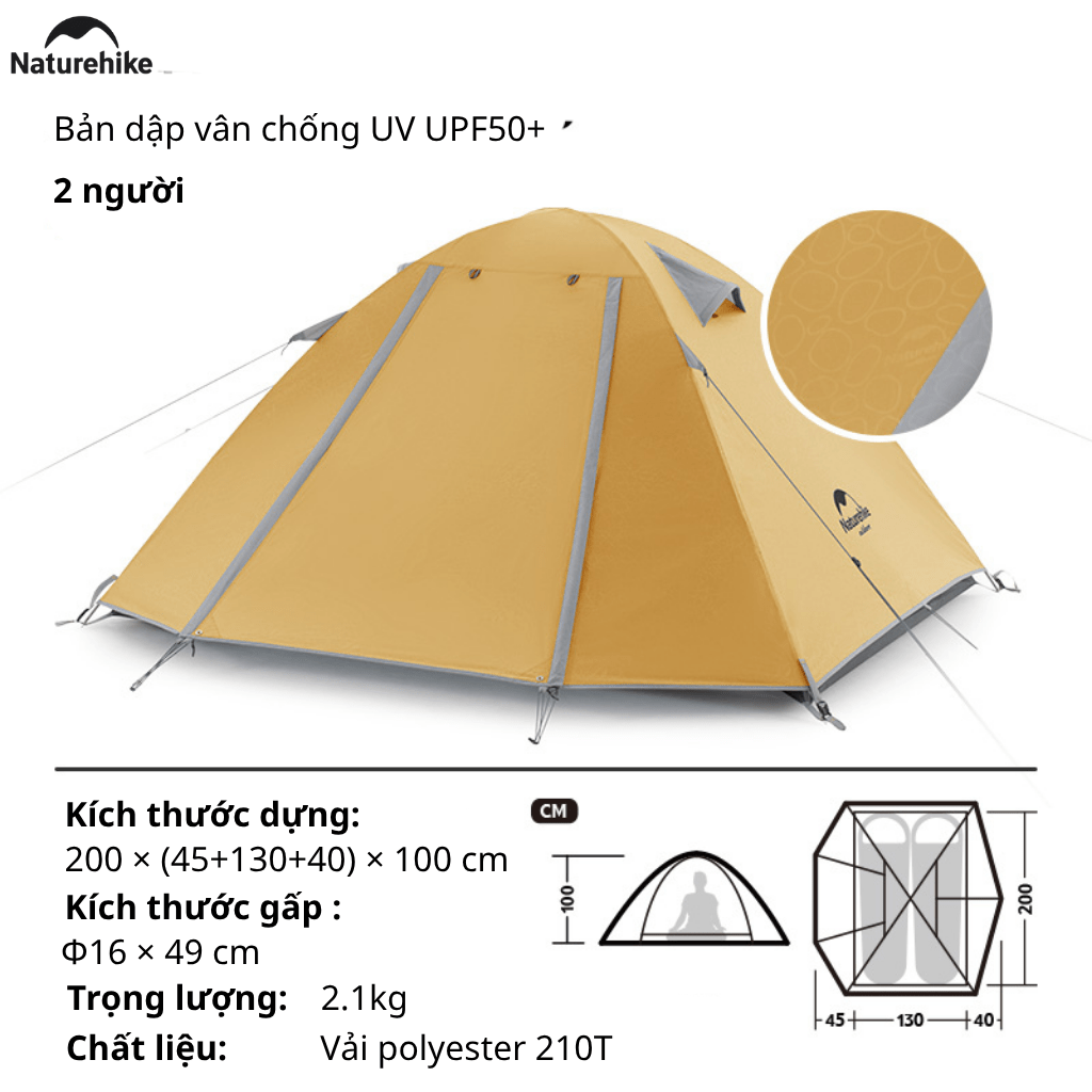 Lều Cắm Trại 2 Người Naturehike NH18Z022-P – Lều 210T Chống Nước 3000mm, Siêu Nhẹ, Trekking/Camping