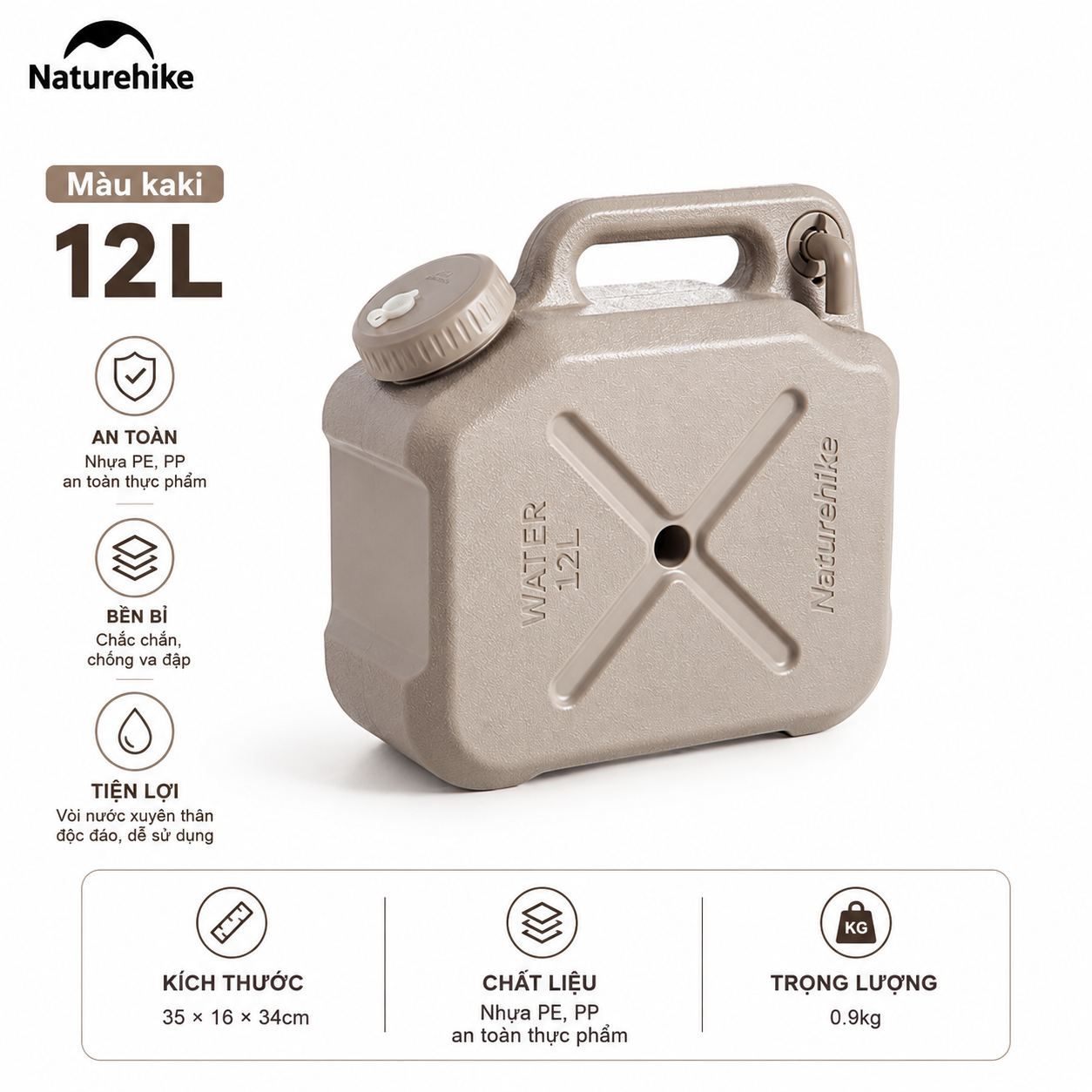 Can Nước Dã Ngoại Naturehike CNH22CJ018 Bình Đựng Nước Camping Có Van Xả Tiện Lợi Nhựa PP PE An Toàn