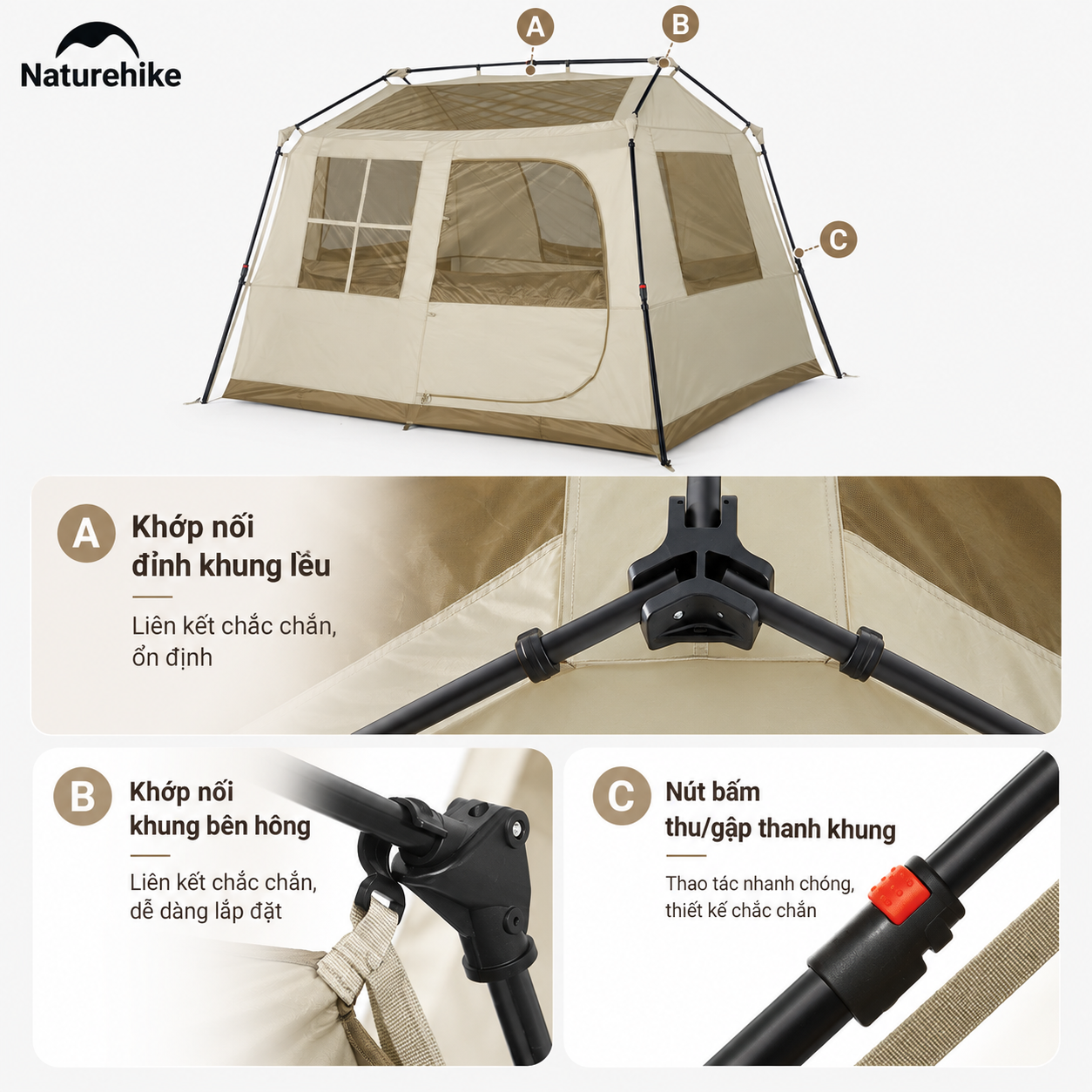 Naturehike Lều Village 6.0 tự bung cao cấp, thiết kế mái che lớn, Lều 2 lớp phủ titanium chống nắng tốt (TẶNG KÈM THẢM LÓT) CNK2300ZP021