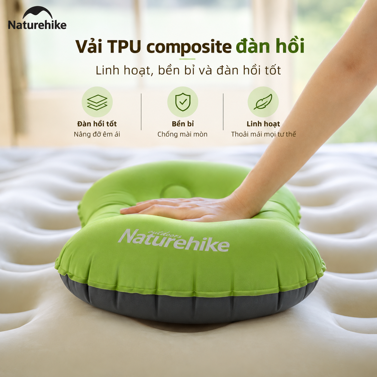 Gối Hơi Du Lịch Naturehike – Gối Thổi Hơi Siêu Nhẹ, Kê Cổ/Tựa Lưng, Gấp Gọn 85g NH17T013-Z