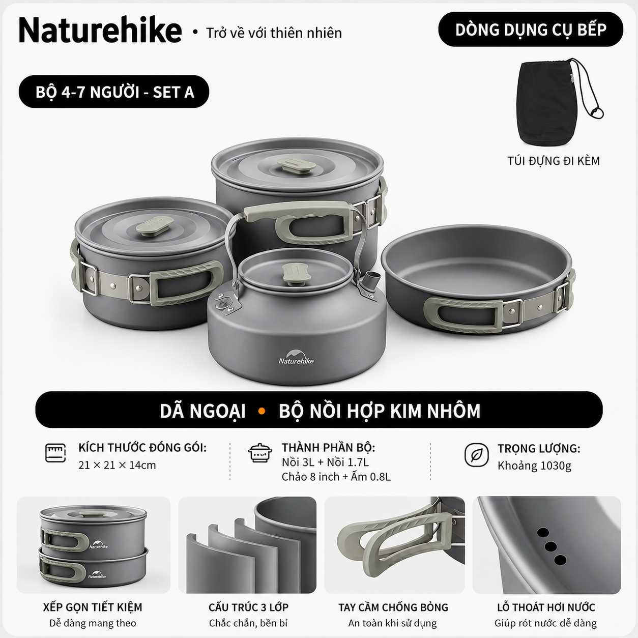 Bộ Nồi Dã Ngoại Naturehike CNK2450CF010 Nhôm 3 Lớp – Bộ Nấu Ăn Camping Gọn Nhẹ, Leo Núi, Cắm Trại