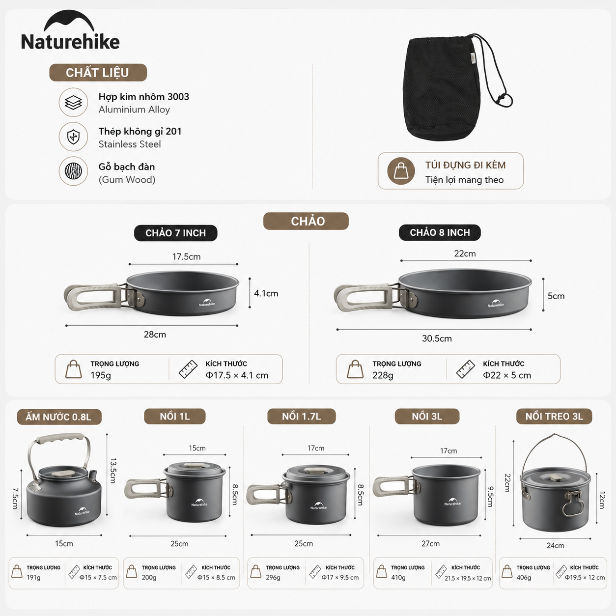 Bộ Nồi Dã Ngoại Naturehike CNK2450CF010 Nhôm 3 Lớp – Bộ Nấu Ăn Camping Gọn Nhẹ, Leo Núi, Cắm Trại