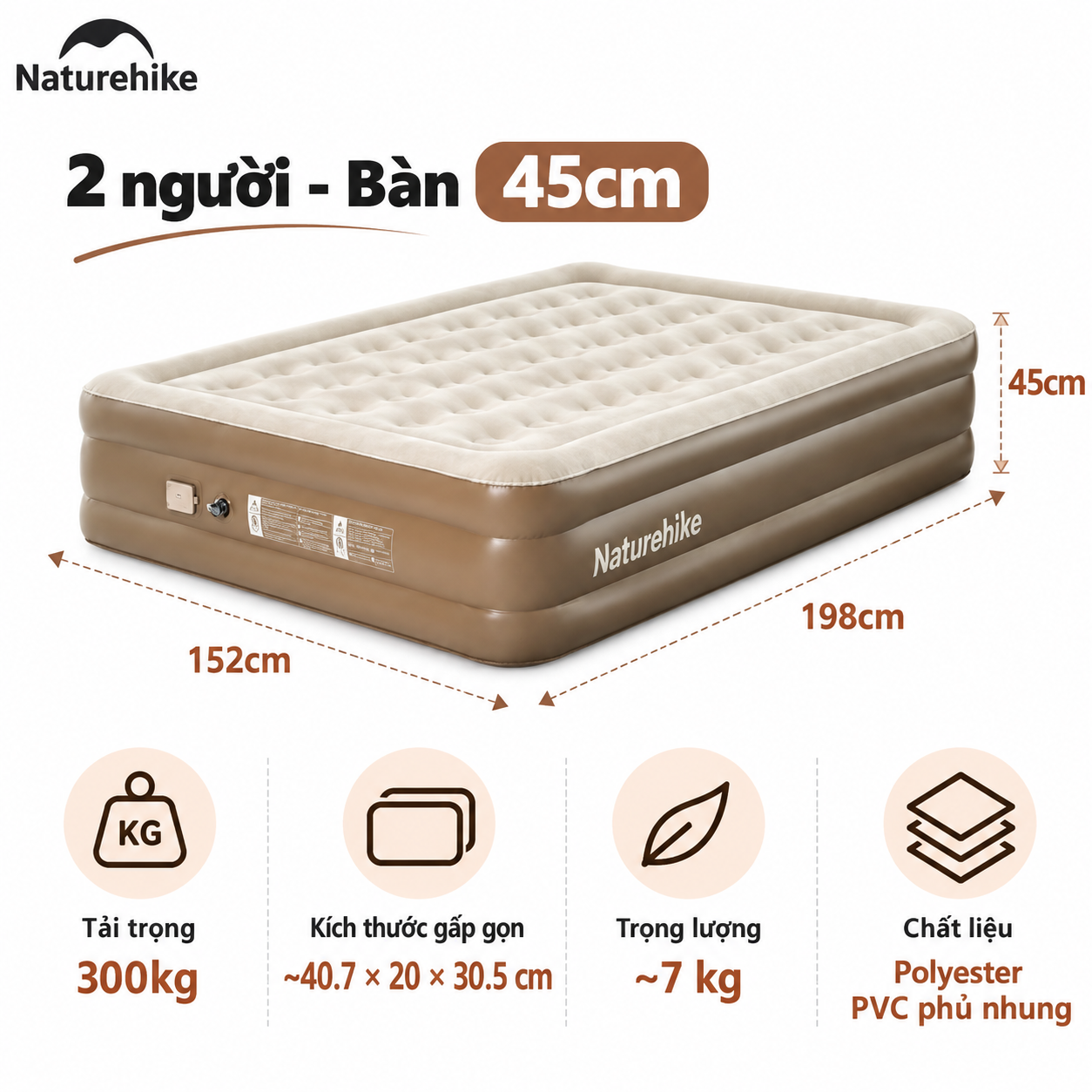 Đệm Hơi Naturehike Tích Hợp Bơm Điện – Nệm Hơi Camping, Giường Hơi Gấp Gọn CNK2550WS013