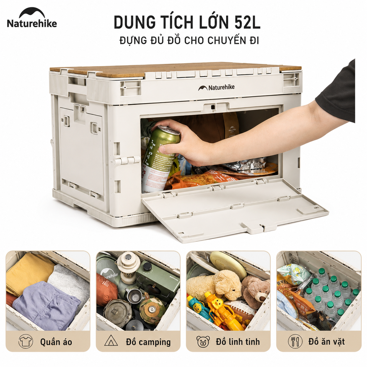 Thùng nhựa đựng đồ cắm trại xếp gọn kèm mặt giả gỗ NatureHike CNK2450XB020
